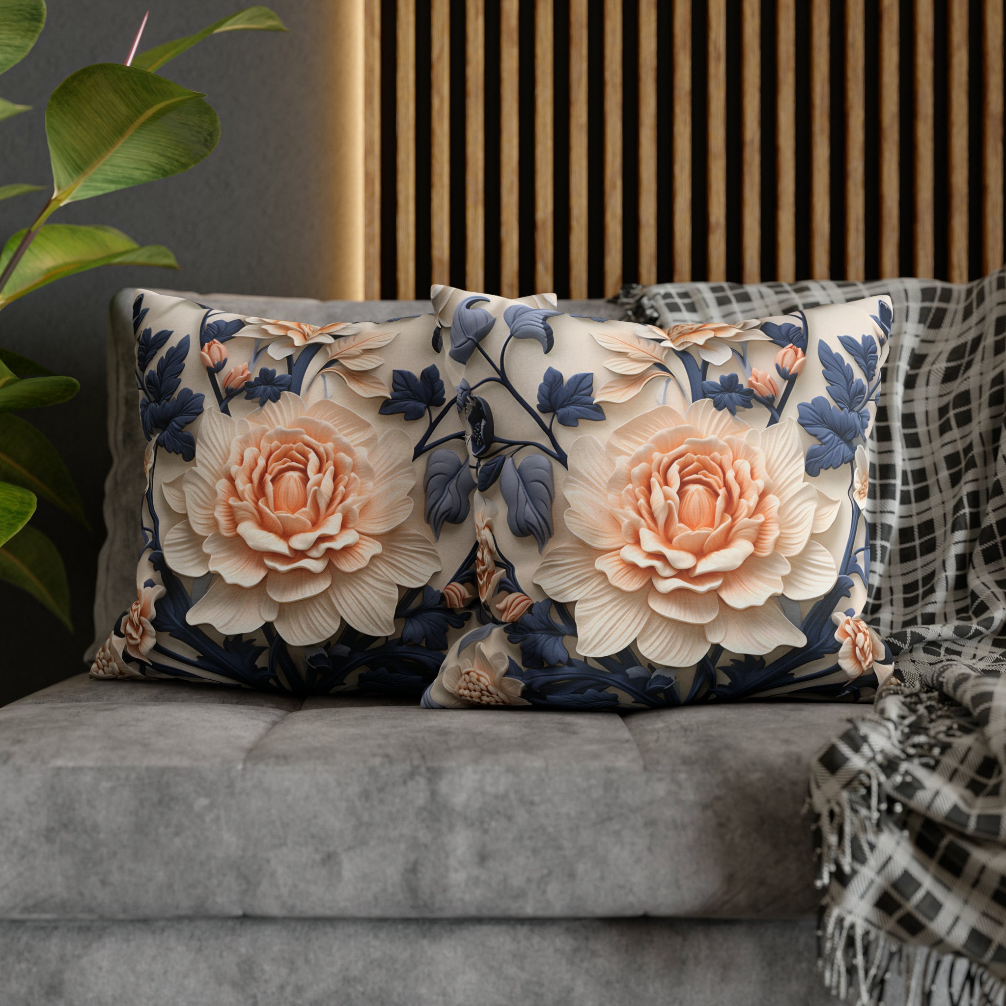 Chinoiserie Floral Pillow Cover: Peach Flower, Dark Blue Botanicals