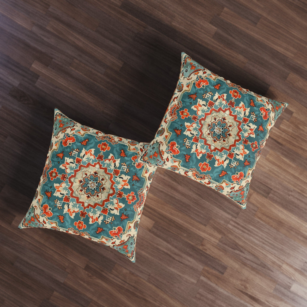 Turkish Kilim-Inspired Tufted Floor Cushion: Vibrant Teal & Coral Medallion Design for Bohemian Seating