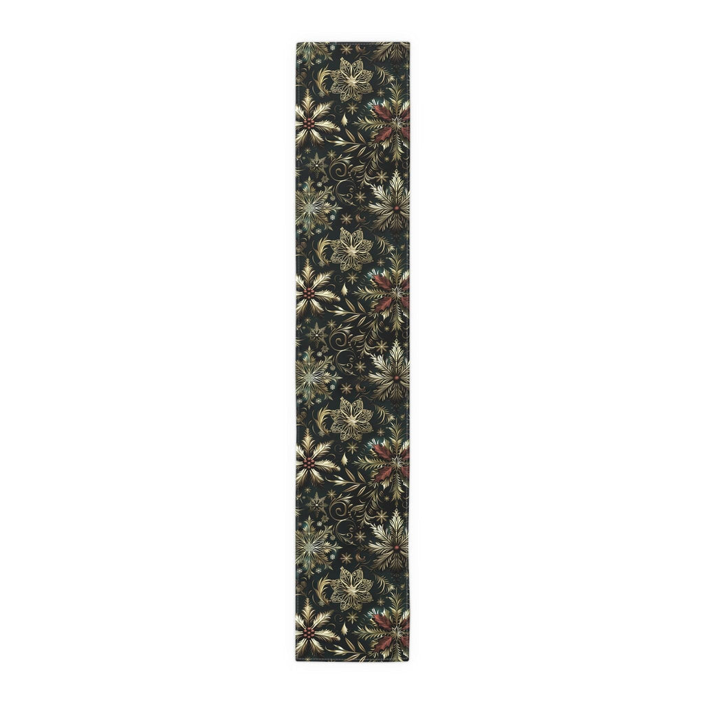 Emerald Green Holiday Table Runner: Gold Snowflakes, Red Poinsettias