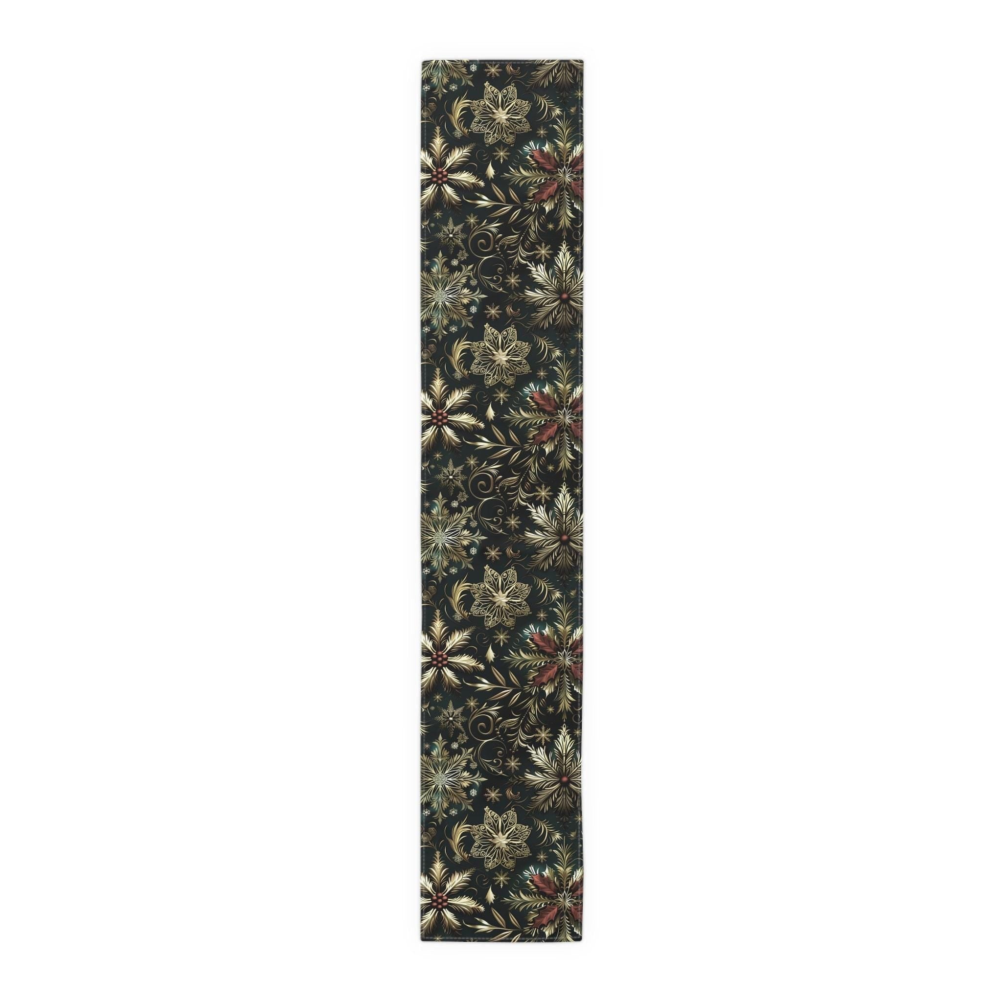 Emerald Green Holiday Table Runner: Gold Snowflakes, Red Poinsettias