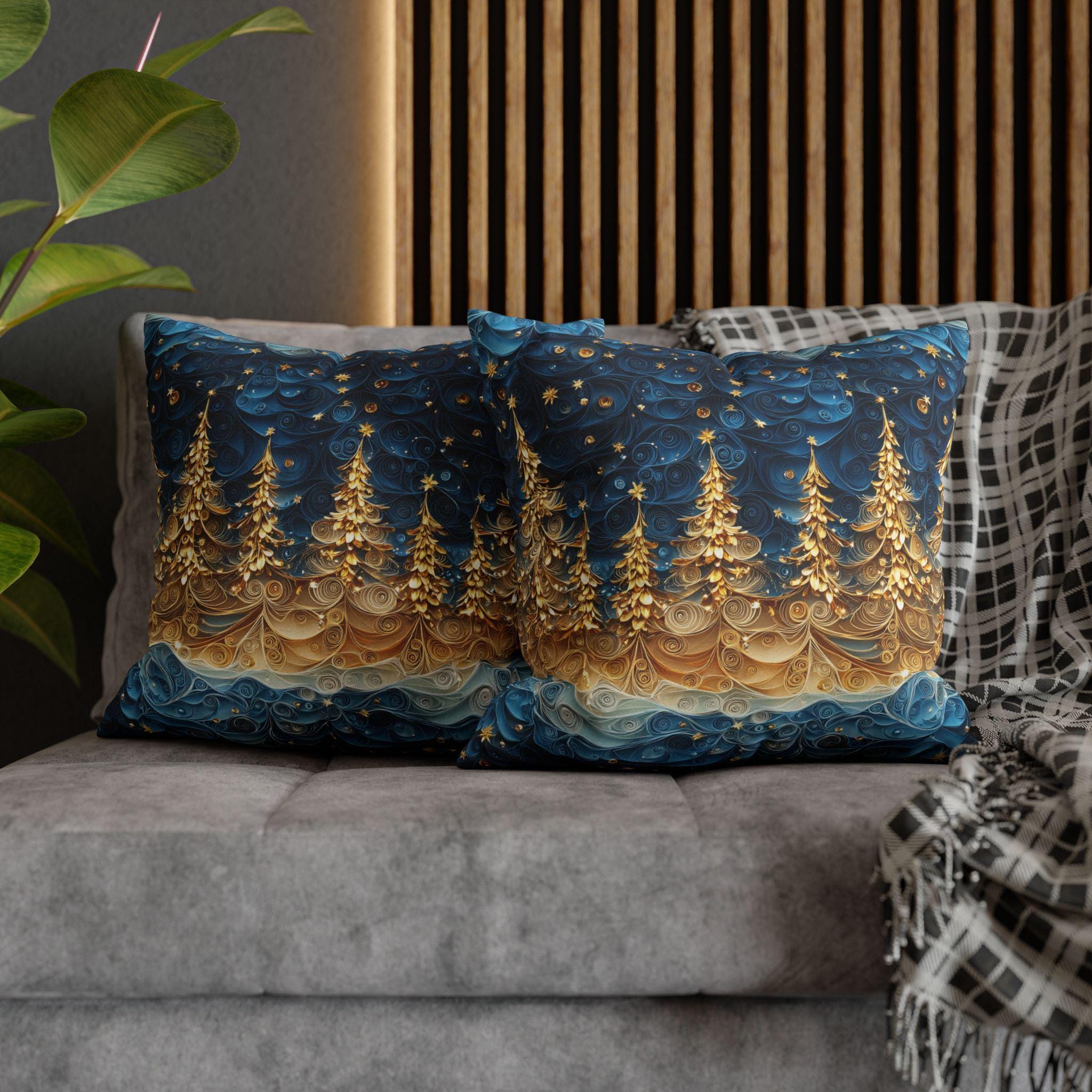 A Stary Night Christmas Pillow Cover, Paper Quilling-Inspired Design, Golden Trees Under a Winters night sky