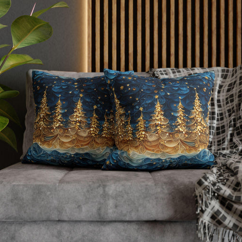 A Stary Night Christmas Pillow Cover, Paper Quilling-Inspired Design, Golden Trees Under a Winters night sky