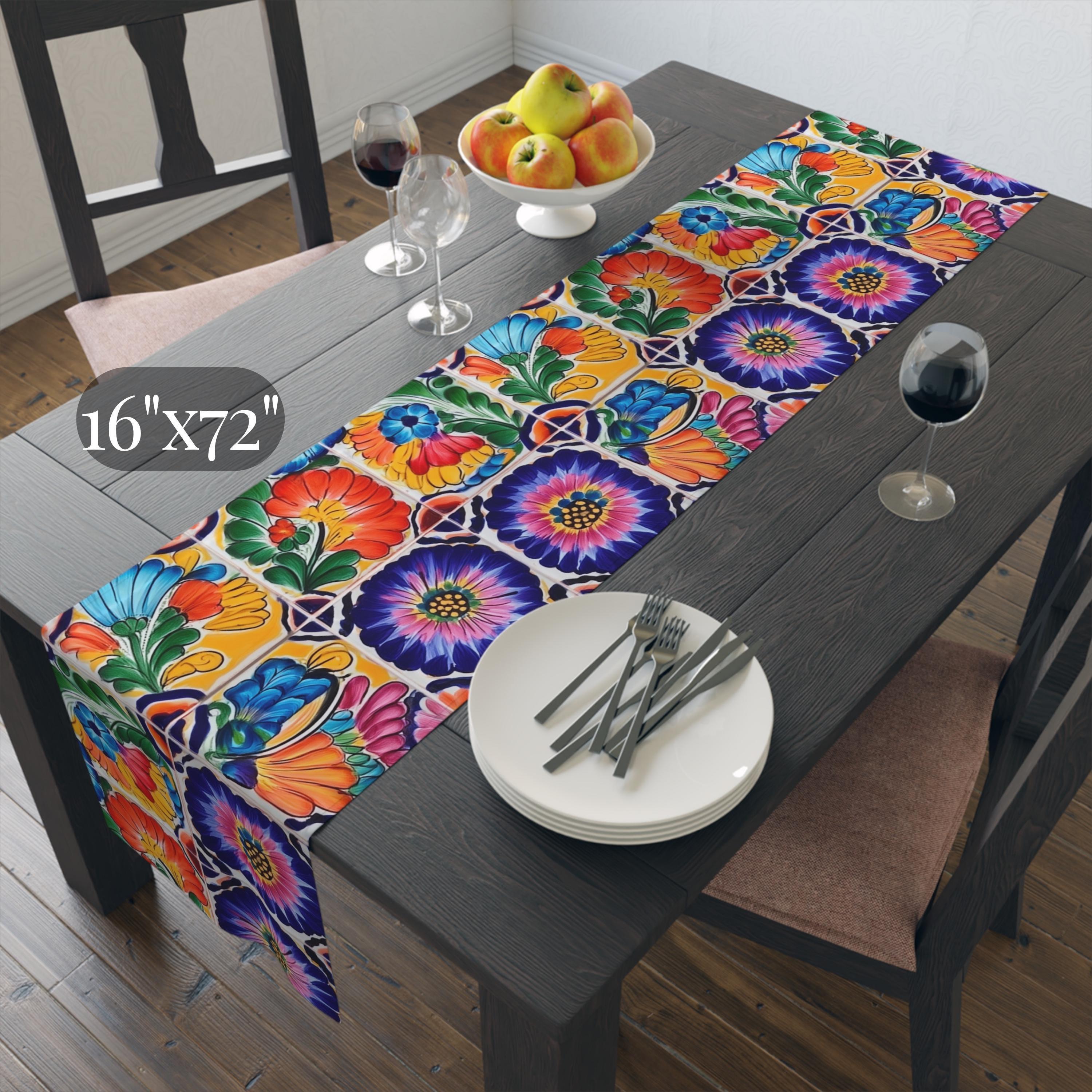 Mexican Table Runner: Colorful Floral Tile Pattern Celebrating the Artistry of Mexico
