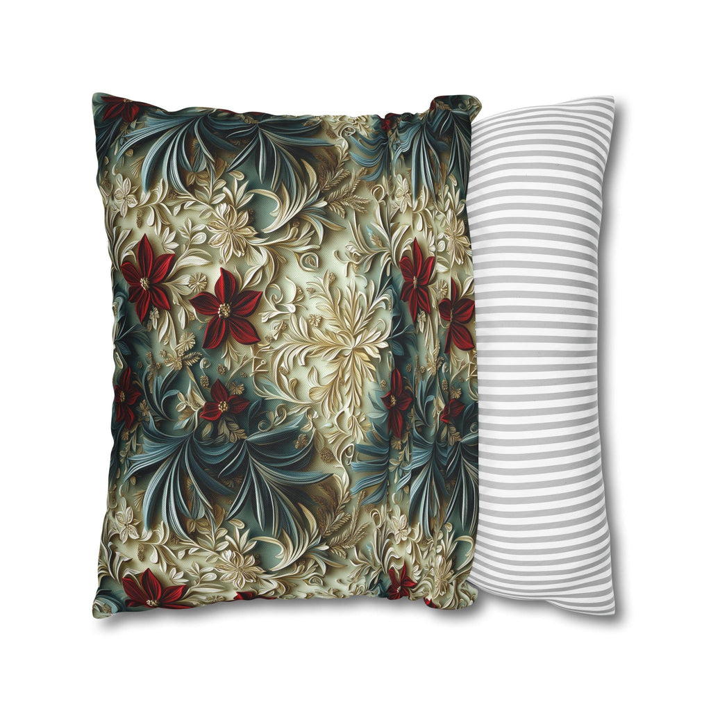Luxurious Poinsettia Floral Pillow Cover: Elegant Red, Gold & Green Holiday Home Decor Accent