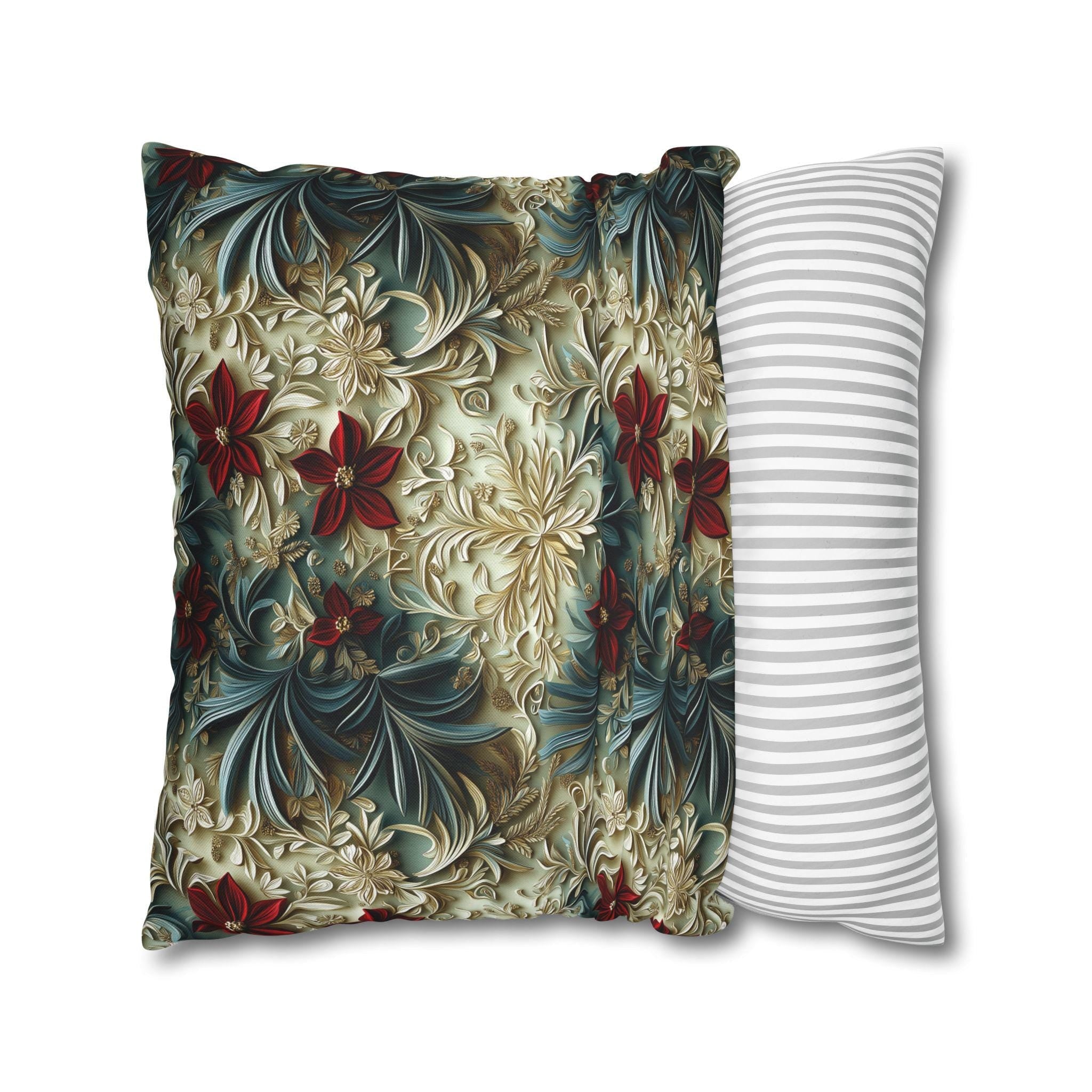 Luxurious Poinsettia Floral Pillow Cover: Elegant Red, Gold & Green Holiday Home Decor Accent