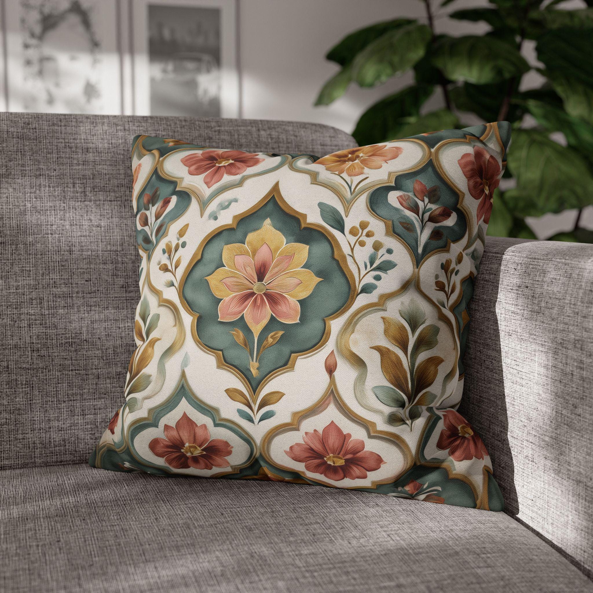 Moroccan Floral Pillow Cover: Teal, Terracotta, Gold Medallion Design