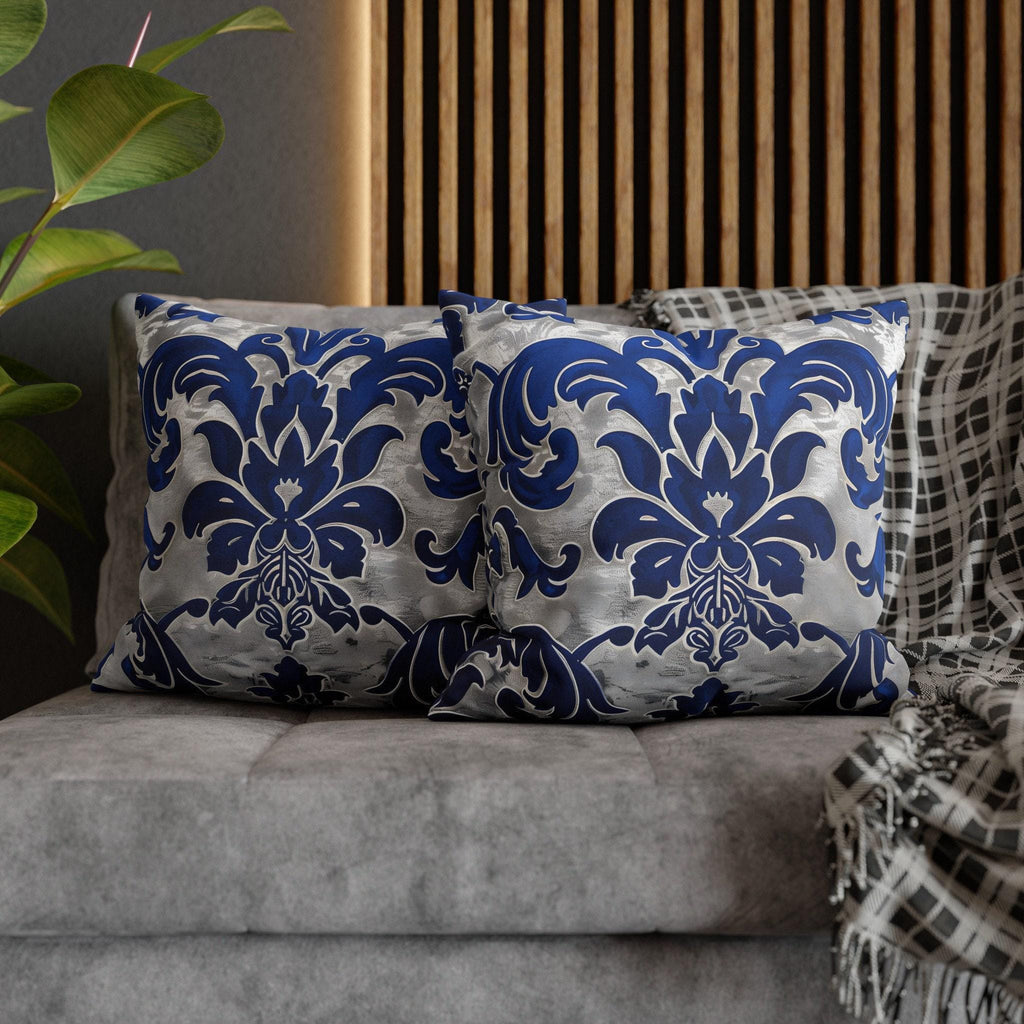 Baroque Royal Blue Floral Pillow Cover: Elegant Silver Accent