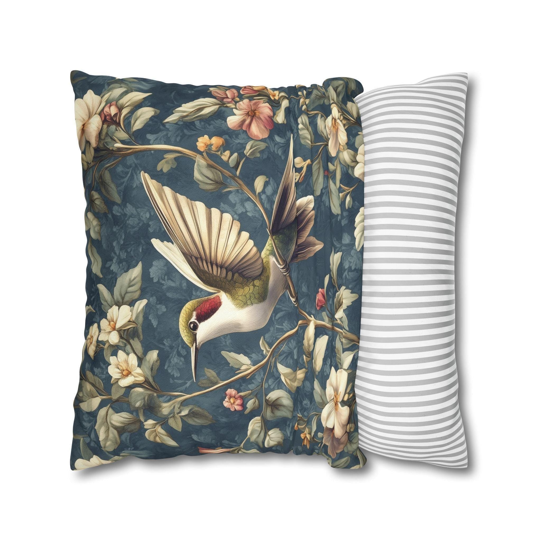 William Morris Inspired Hummingbird Pillow Cover: Vintage Floral Design with Botanical Elegance