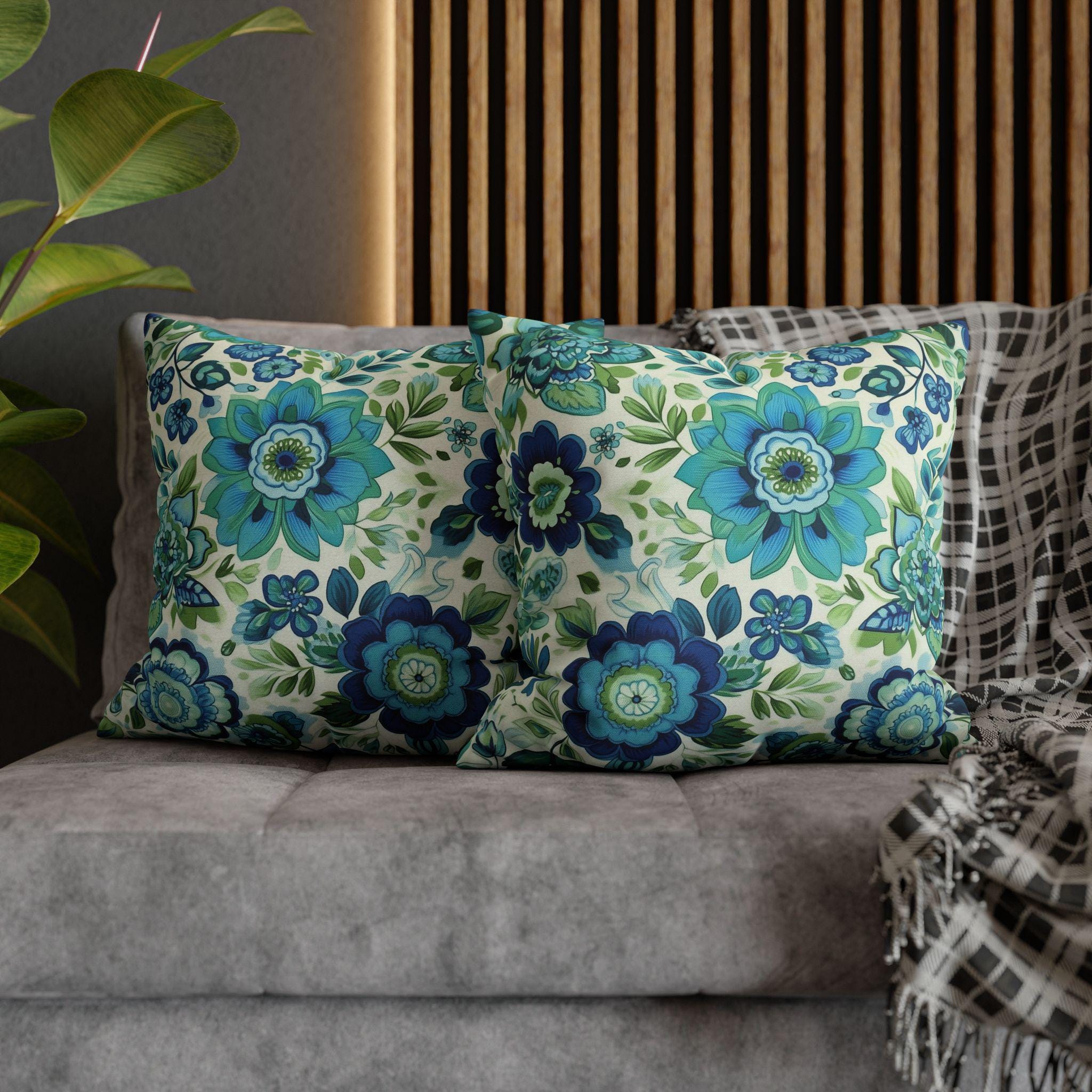 Vibrant Jacobean Floral Pillow Cover: Vintage-Inspired Blue & Green Botanical Accent for Eclectic Decor