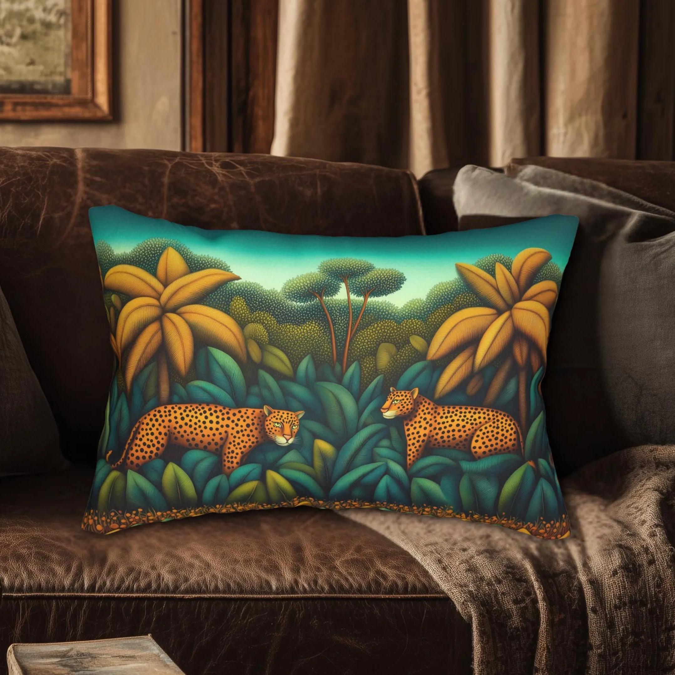 Jaguar Jungle Safari Lumbar Pillow: Tropical Botanical Animal Decor
