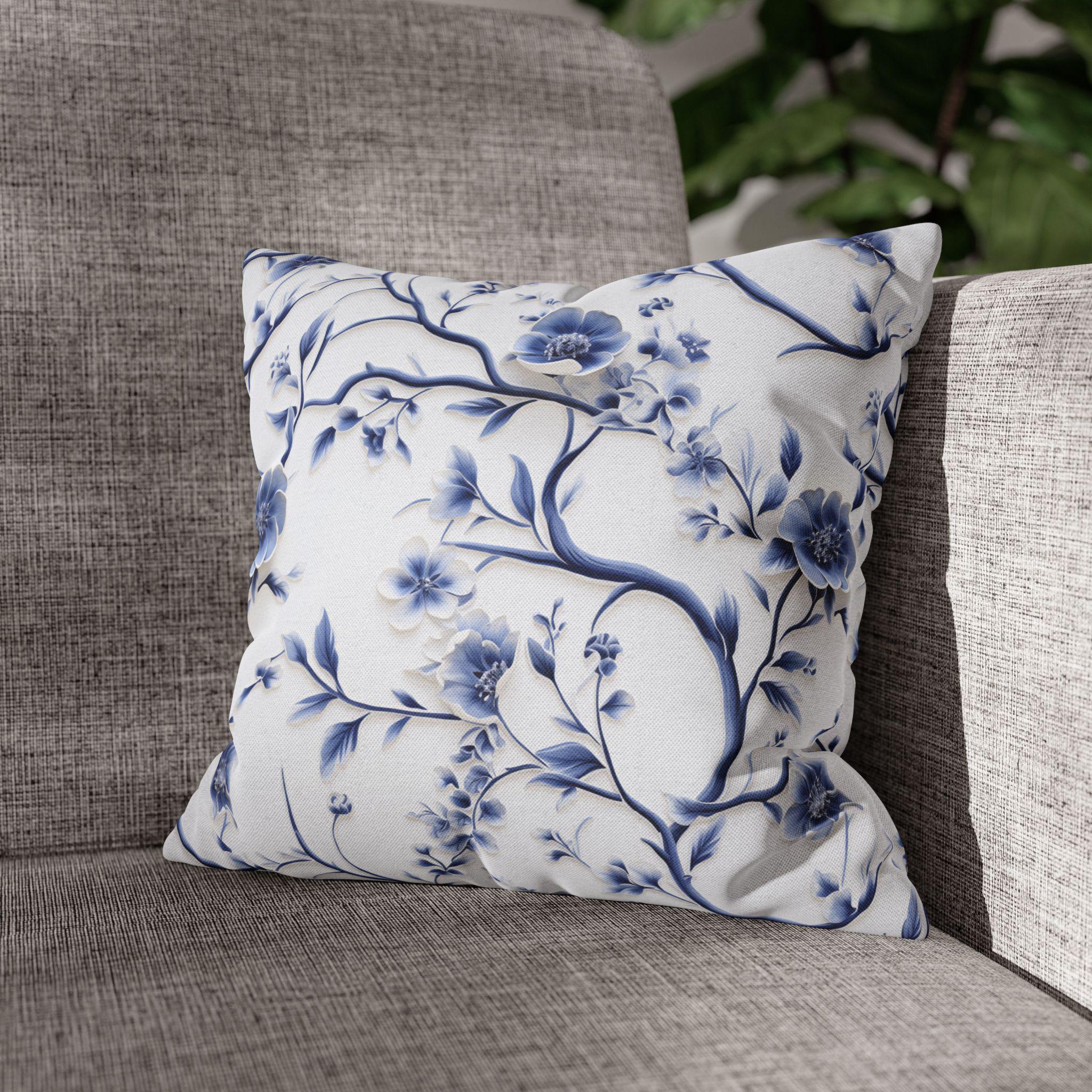 Elegant Chinoiserie Pillowcase: Blue & White Floral Cushion Cover Inspired by Vintage Chinese Porcelain Art