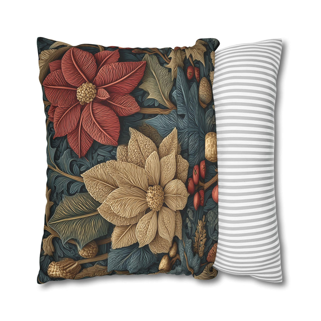 William Morris Christmas Pillow Cover: Wine and Taupe Poinsettia Woodland Illustration Euro Sizes
