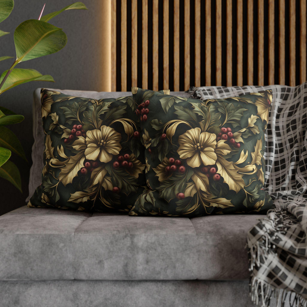 William Morris Inspired Holly & Berries Pillow Cover: Evergreen, Antique Gold, Cranberry