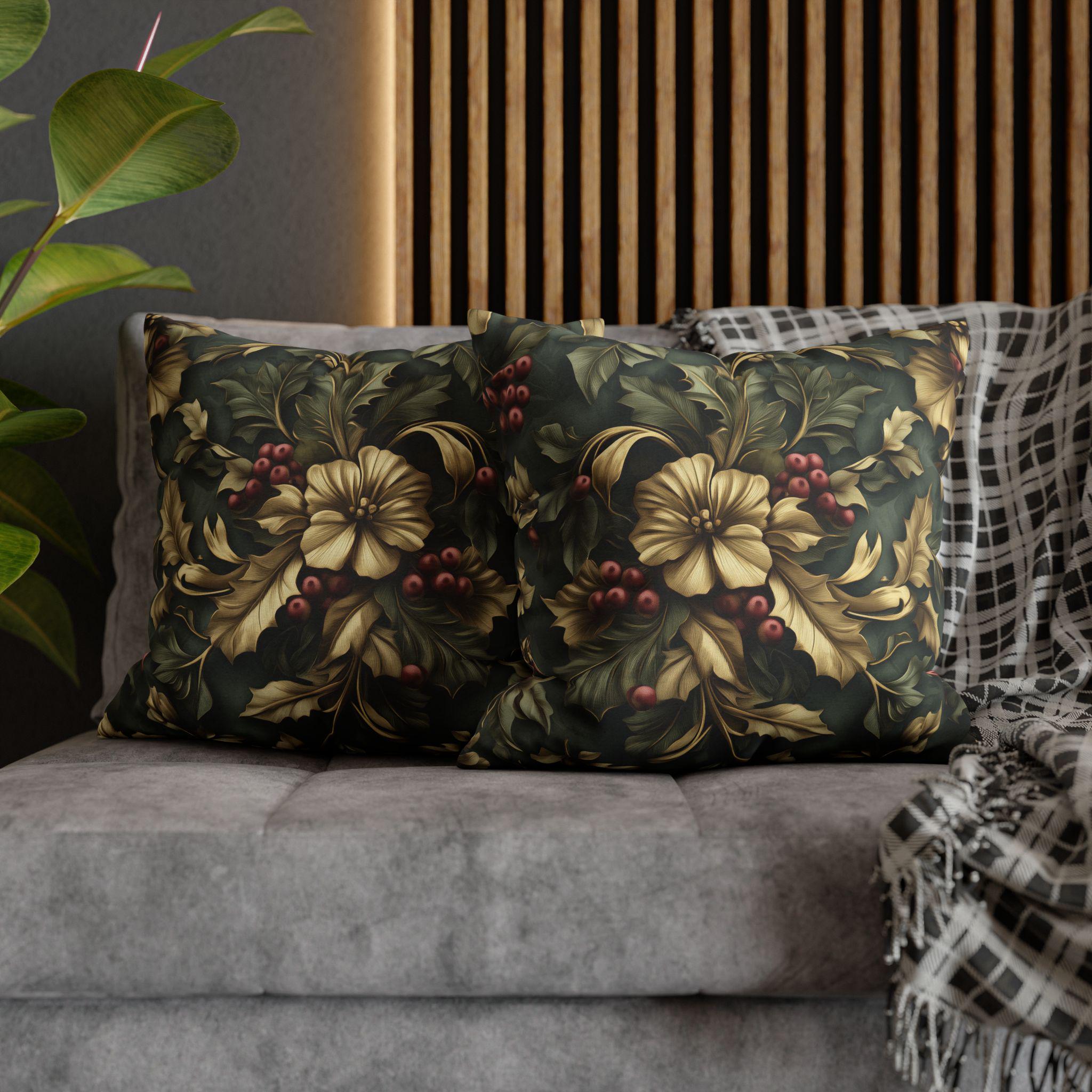 William Morris Inspired Holly & Berries Pillow Cover: Evergreen, Antique Gold, Cranberry