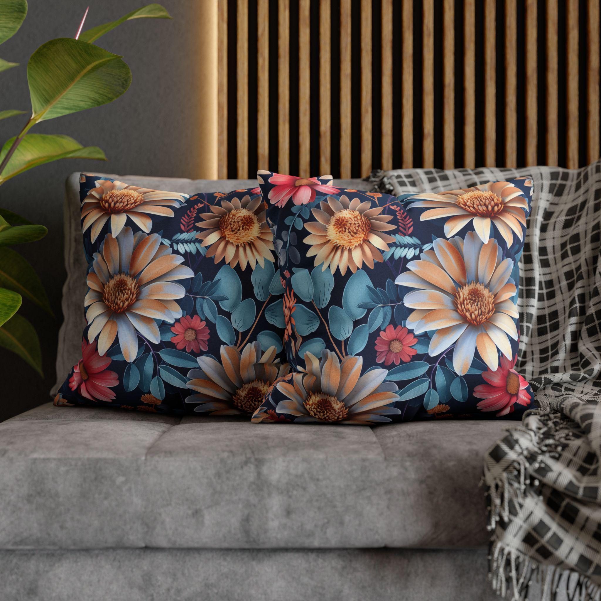 Vibrant Floral Pillow Cover | Peonies on Dark Blue | Colorful Home Decor Square Cushion Cover