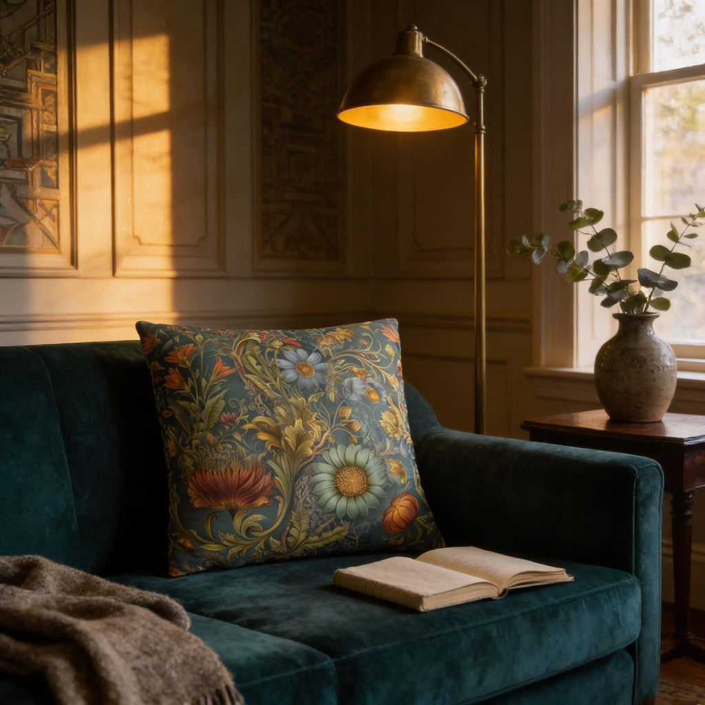 William Morris Inspired Throw Pillow Cover: Moody Teal Botanical Floral