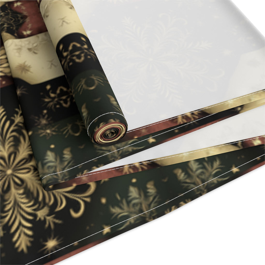 Festive Gold Snowflake Table Runner: Elegant Christmas Dining Decor in Green, Charcoal & Red