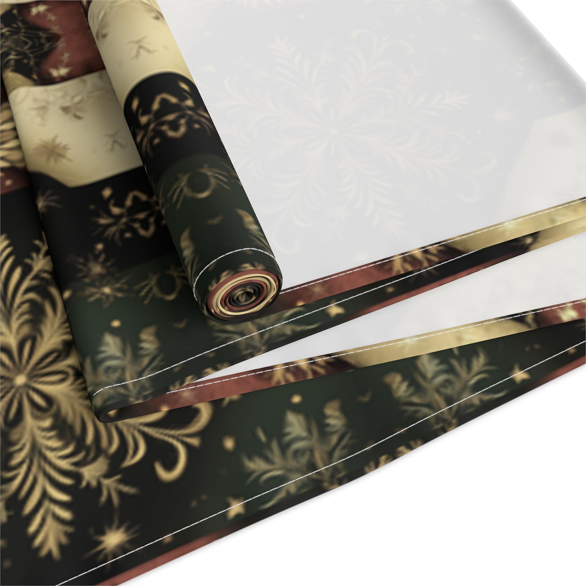 Festive Gold Snowflake Table Runner: Elegant Christmas Dining Decor in Green, Charcoal & Red