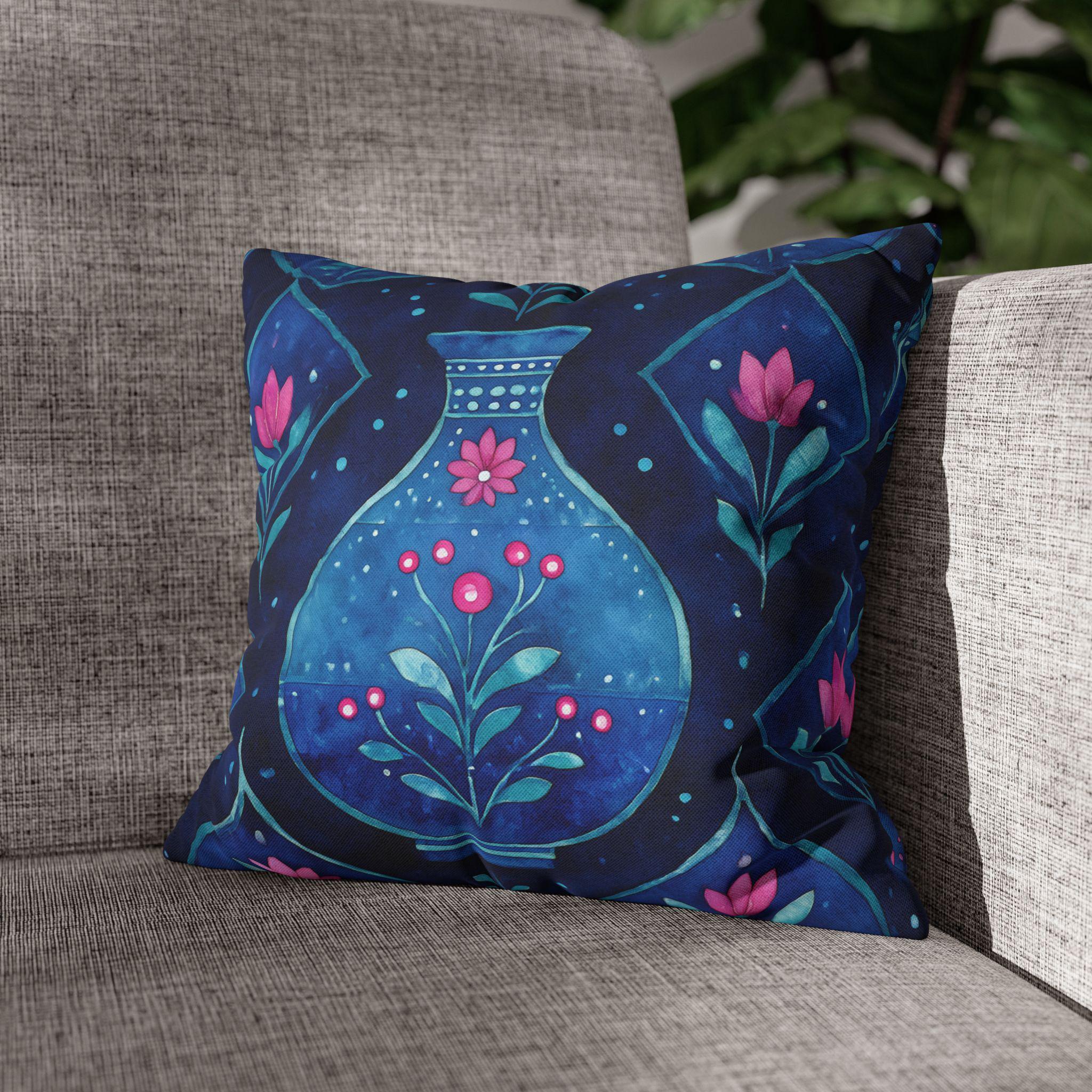 Folk Art Pillow Cover: Blue Vase, Pink Floral Watercolor Design