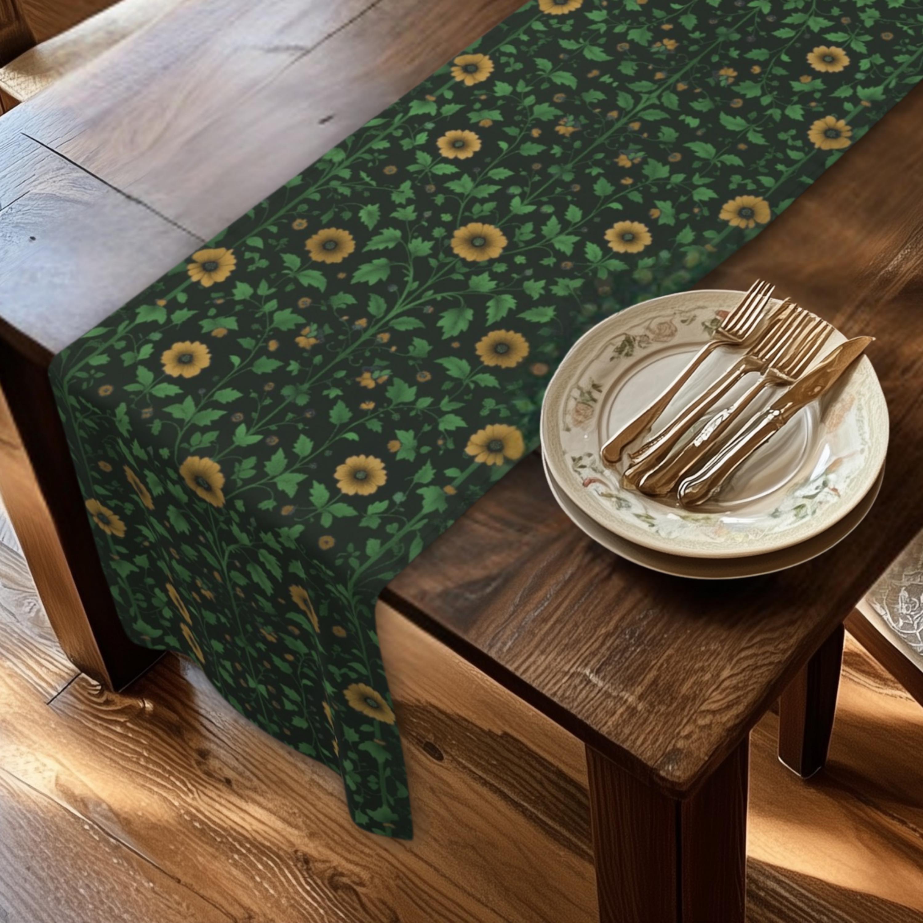 Elegant William Morris Arts and Crafts Floral Table Runner: Blue & Olive on Charcoal
