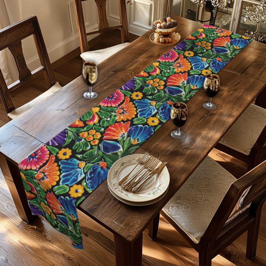 Mexican Table Runner: Bright Floral Folk Art on Black Background