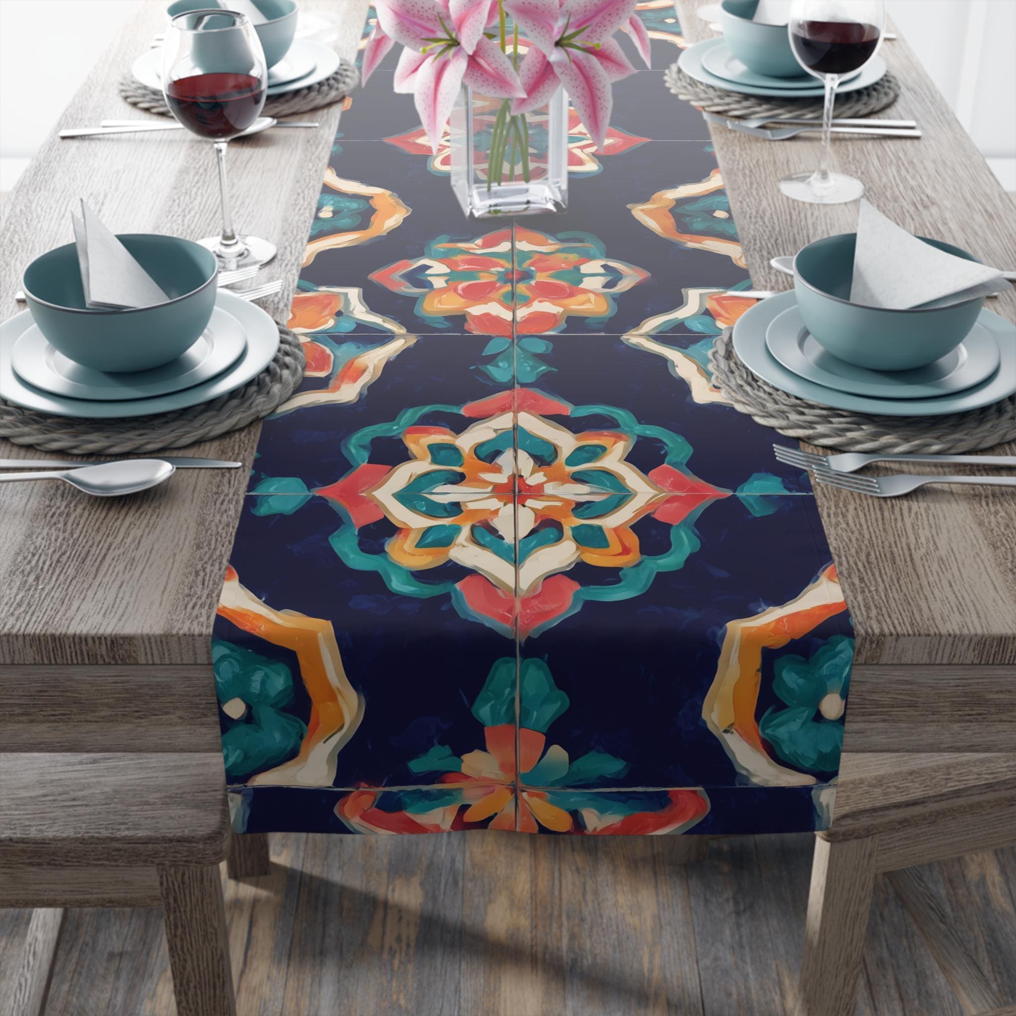 Bohemian Mandala Table Runner: Navy, Coral, Gold & Teal Tile Design for Eclectic Home Decor