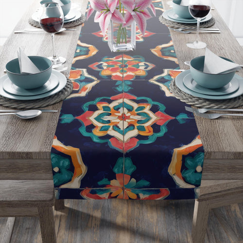 Bohemian Mandala Table Runner: Navy, Coral, Gold & Teal Tile Design for Eclectic Home Decor