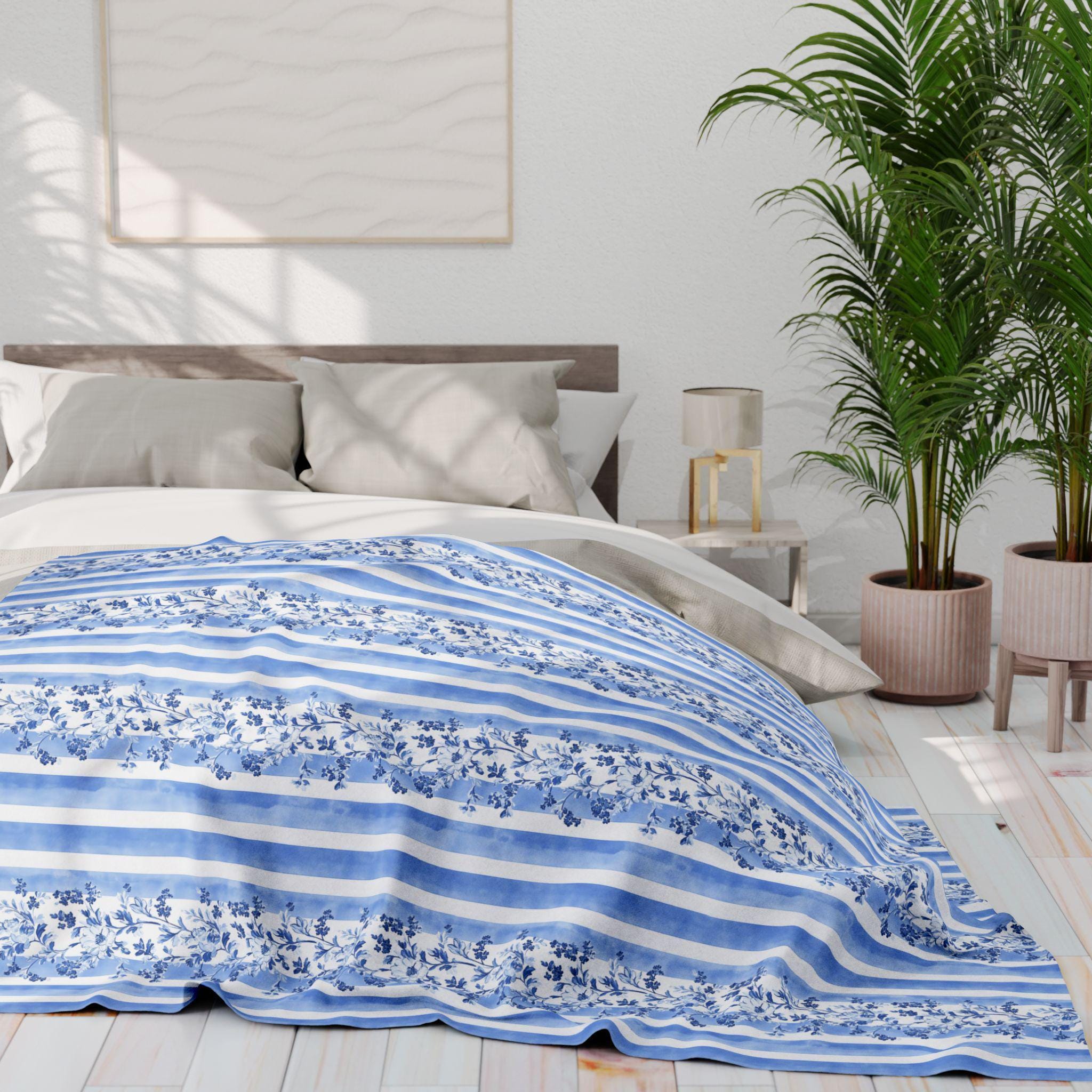 Fleece Throw Blanket: Blue and White Stripes (Reversible, Cozy Accent)