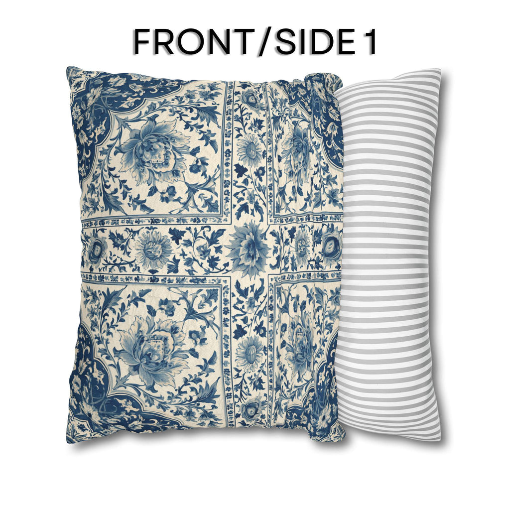 Toile Pillow Cover: Blue and Cream Botanical Farmhouse Decor