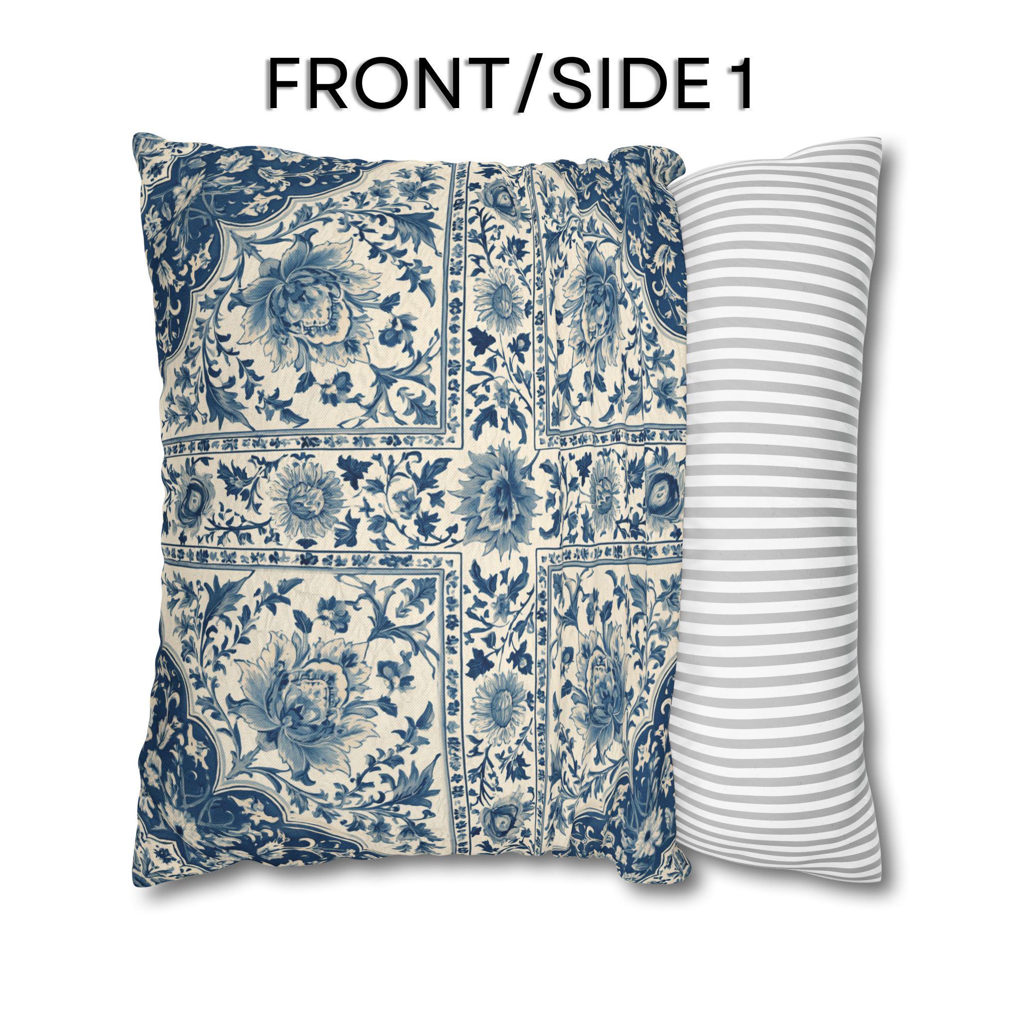 Toile Pillow Cover: Blue and Cream Botanical Farmhouse Decor