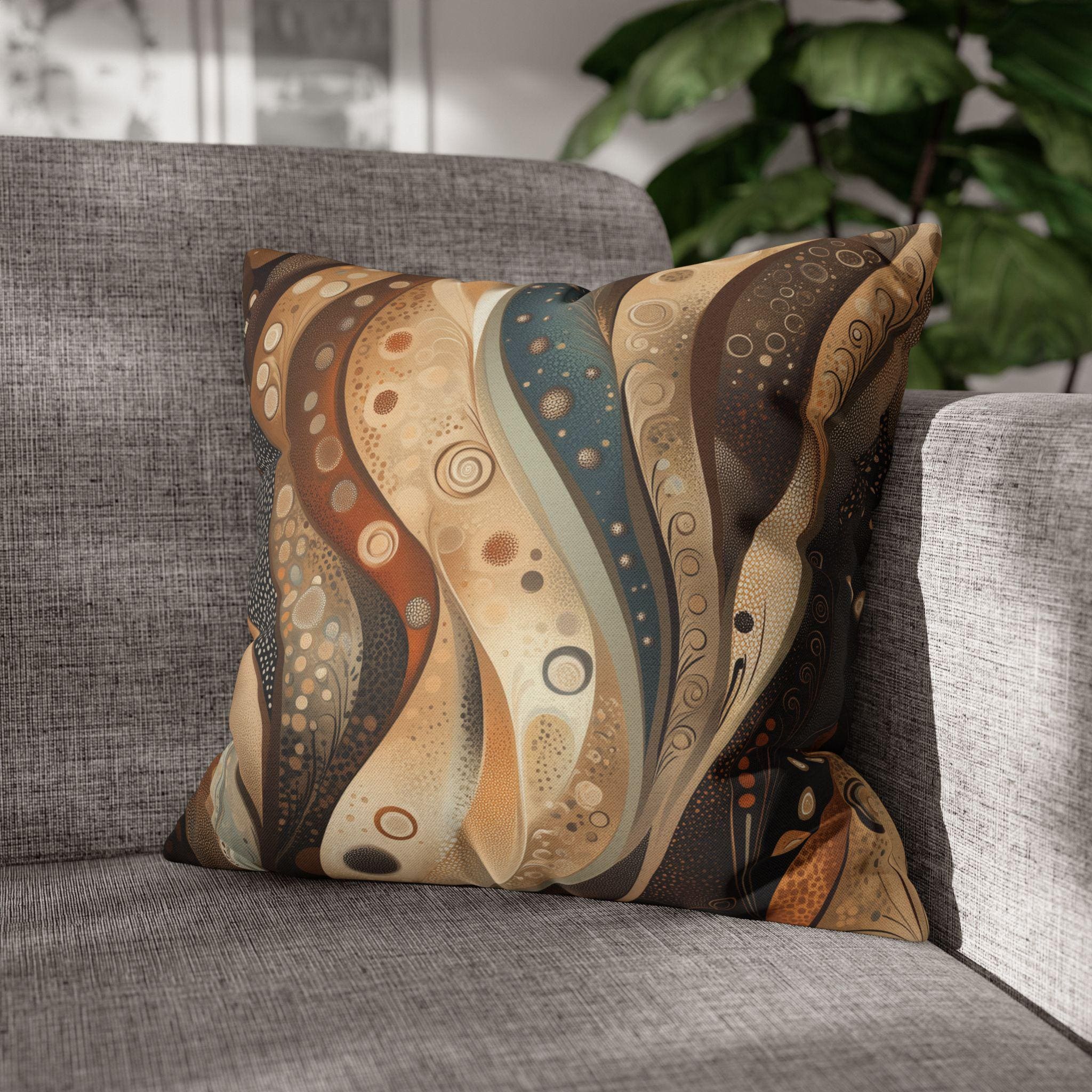 Abstract Wave Design Pillowcase, Brown Beige Cream Caramel Teal,  Home Decor Accent, Sofa Pillow