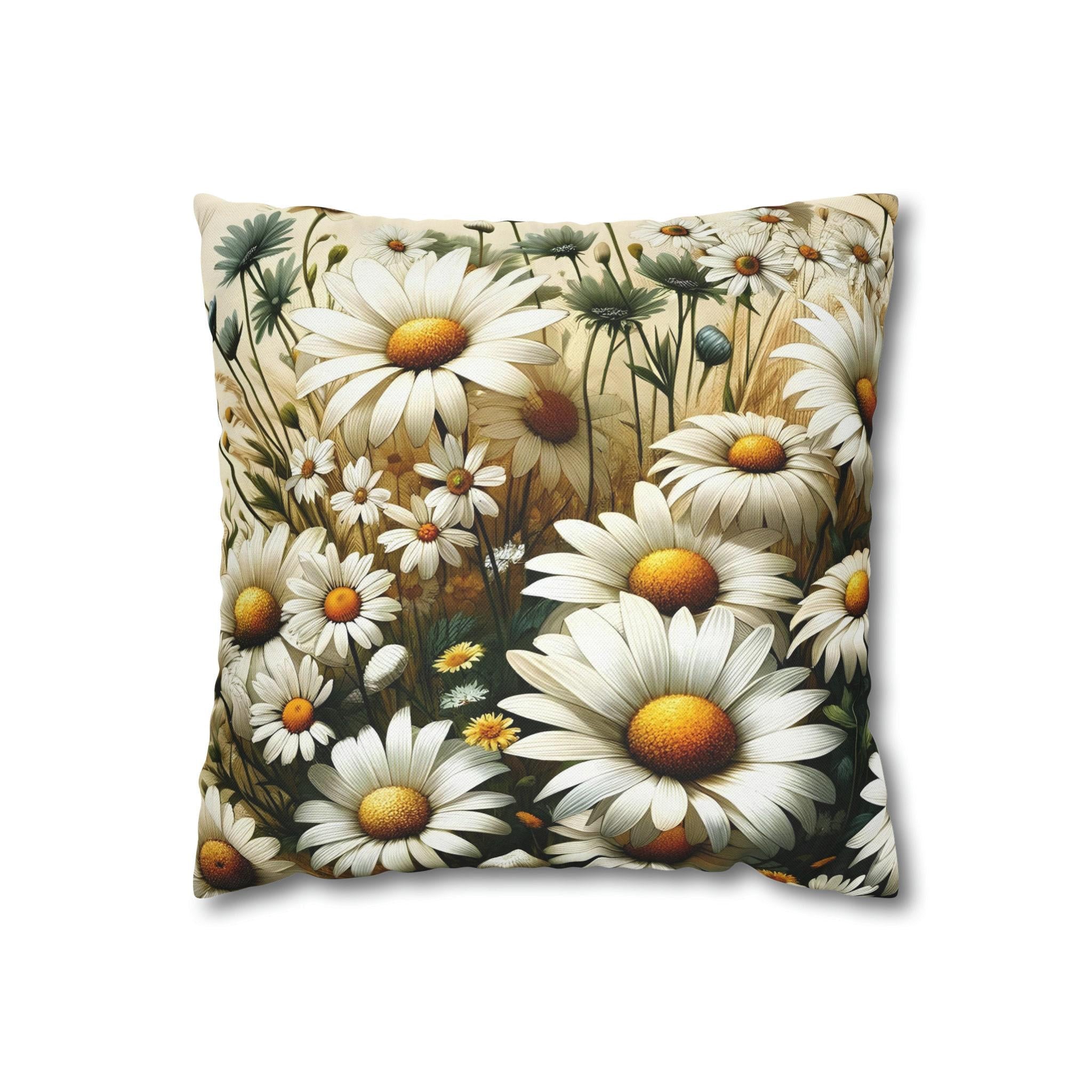 Vibrant Daisy Pattern Throw Pillow Cover | Organic Warmth on Cream Background | Charming Floral Design