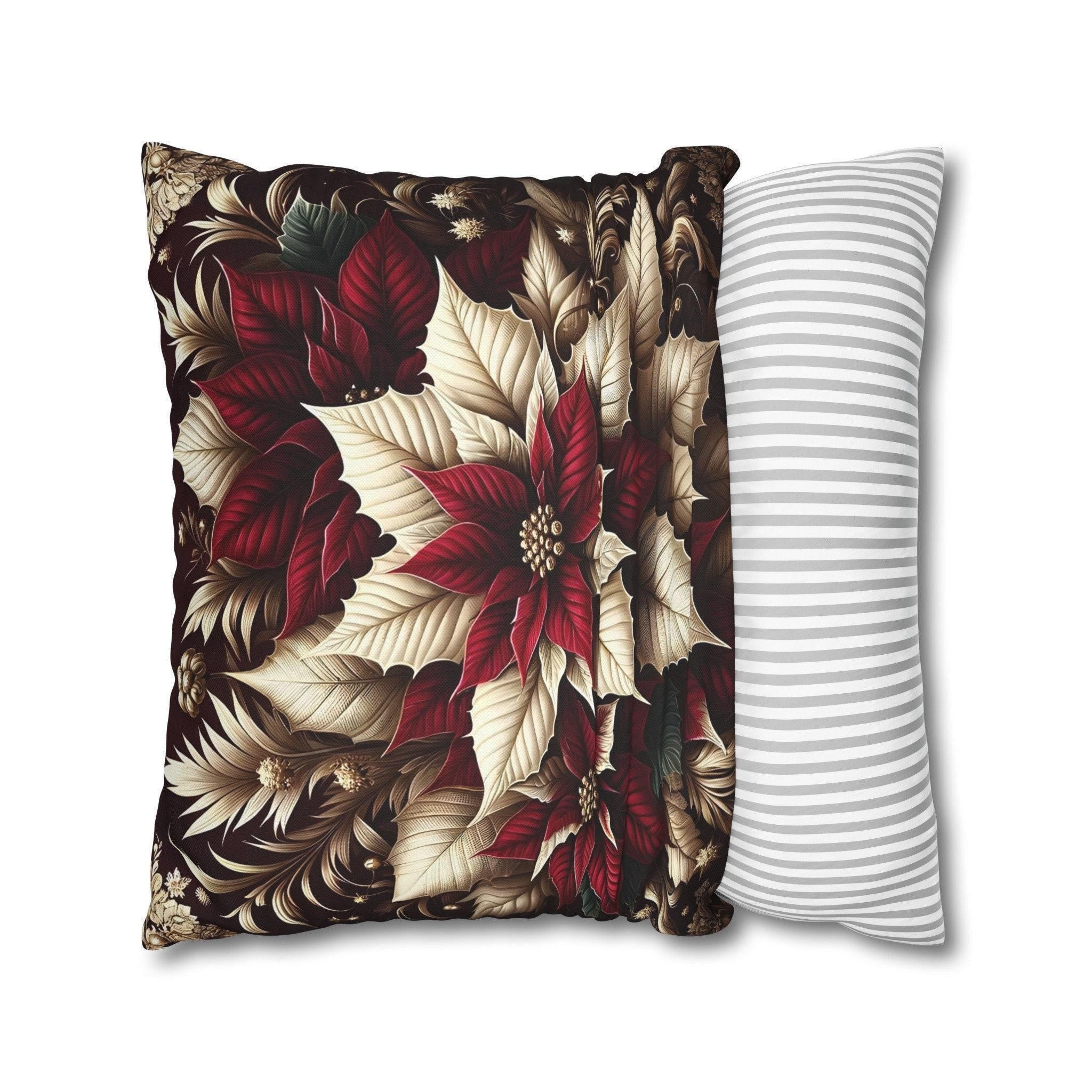 Sophisticated Burgundy & Gold Poinsettia Christmas Pillow Cover | Elegant Holiday Decor