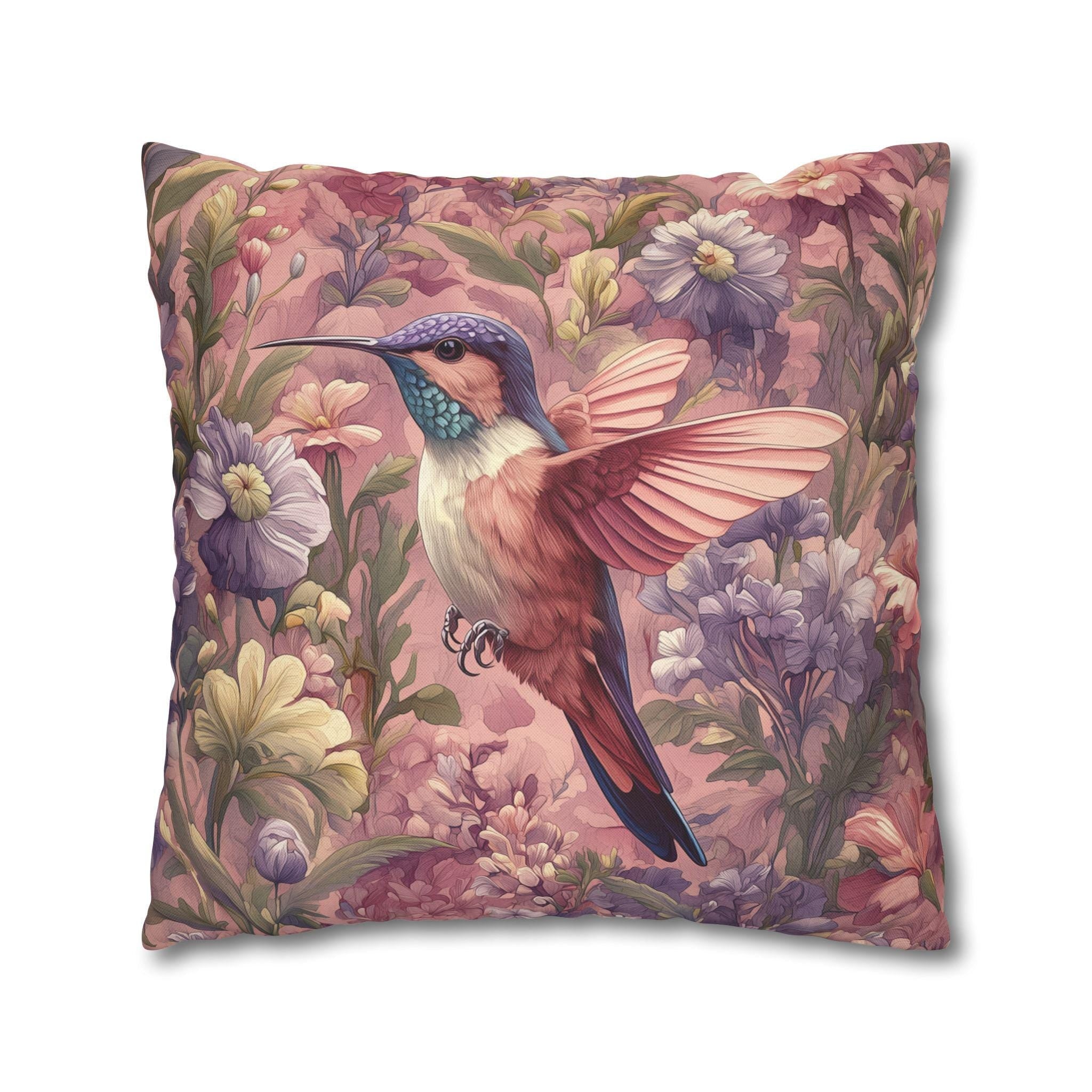 Vintage Style Blush Hummingbird Pillow Cover: William Morris Pink Botanical Floral Cushion Accent