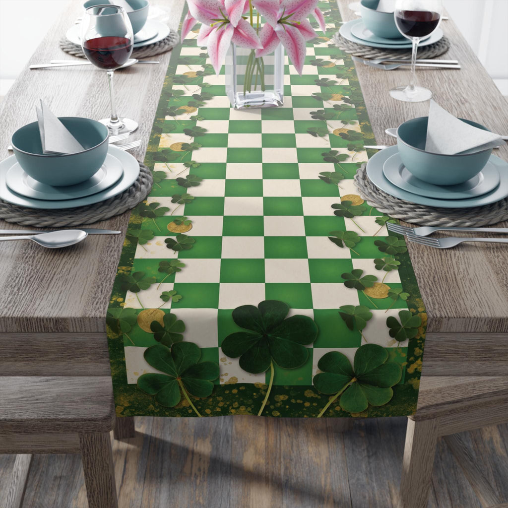 St Patricks Day Shamrock & Gold Coin Checkered Table Runner