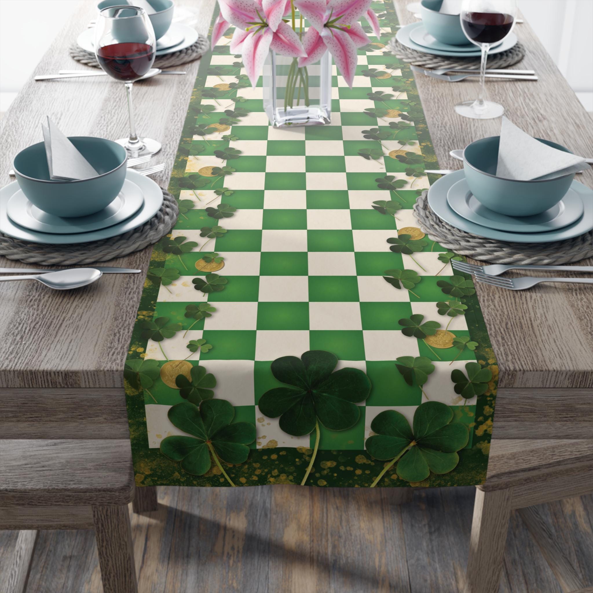 St Patricks Day Shamrock & Gold Coin Checkered Table Runner