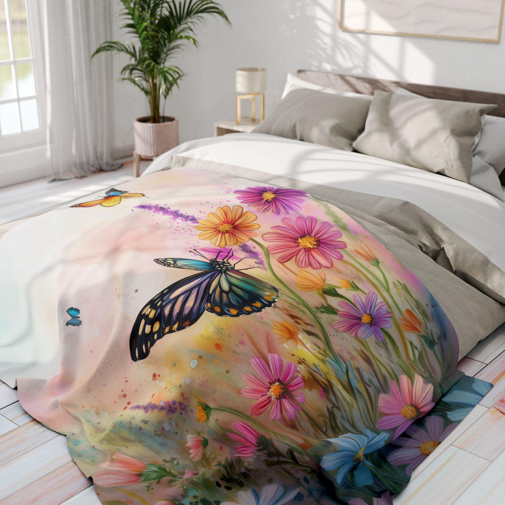 Butterfly Throw Blanket Pastel Wildflowers Spring Nature Art Cozy Couch or Bed Accent