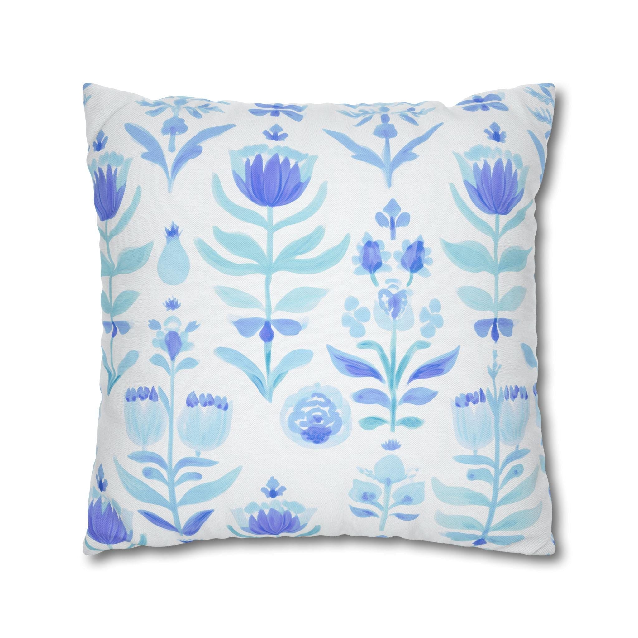 Blue Watercolor Floral Pillow Cover: Folk Art Stamped Cushion Case for Cottagecore Spring Decor