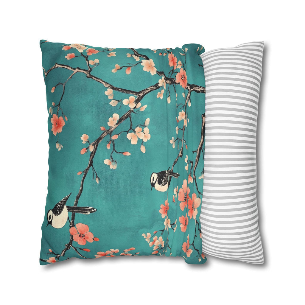 Elegant Chinoiserie Teal Bird Pillow Cover with Coral Blossoms for Nature-Inspired Home Decor