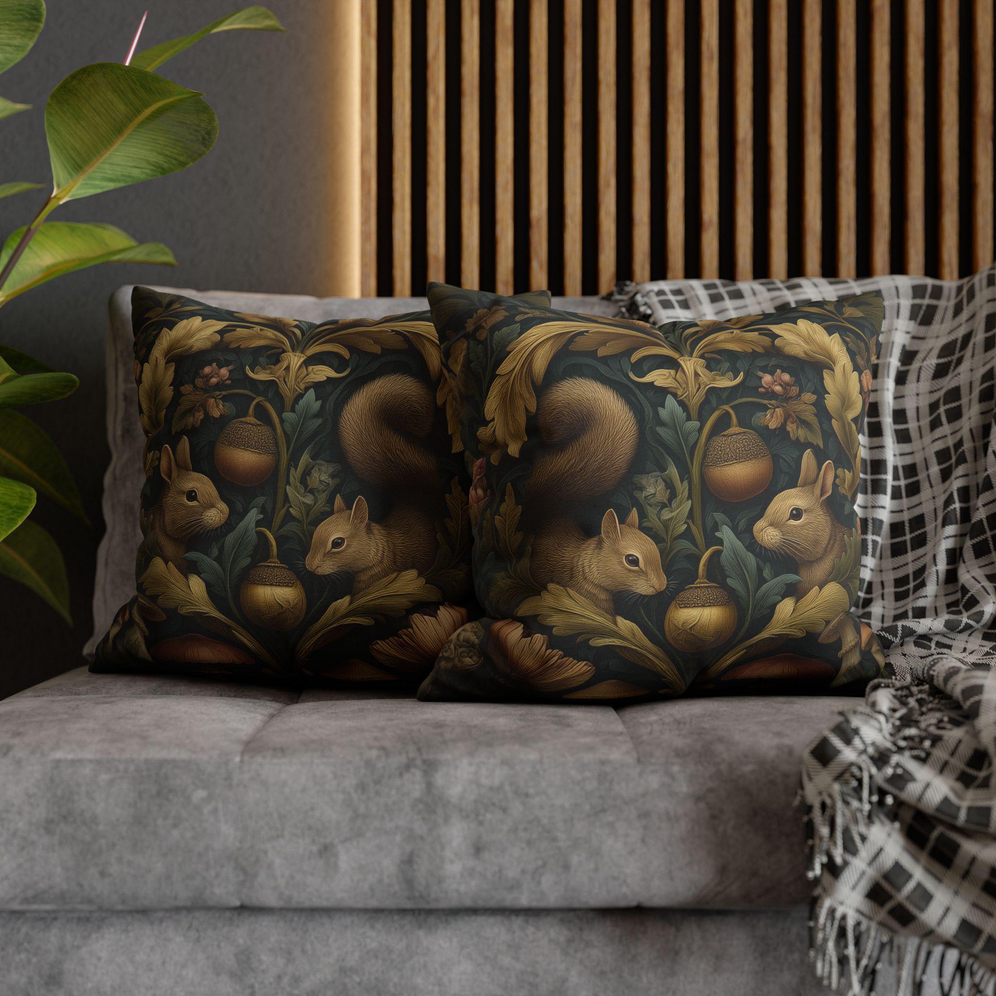 William Morris Woodland Forest Pillow Cover: Squirrel & Rabbit Tapestry-Style Cushion Case