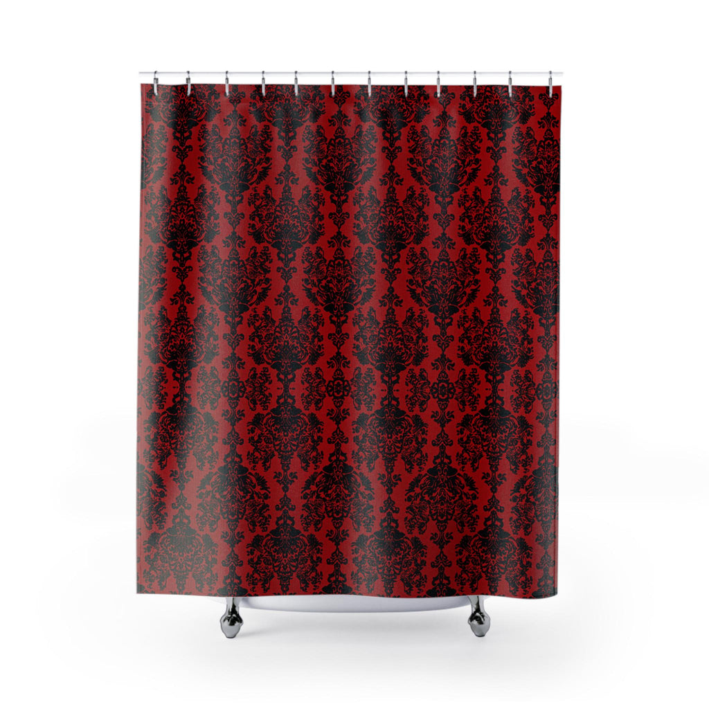 Elegant Gothic Damask Shower Curtain: Black & Crimson Vampire-Inspired Bath Decor for Romantic Ambiance