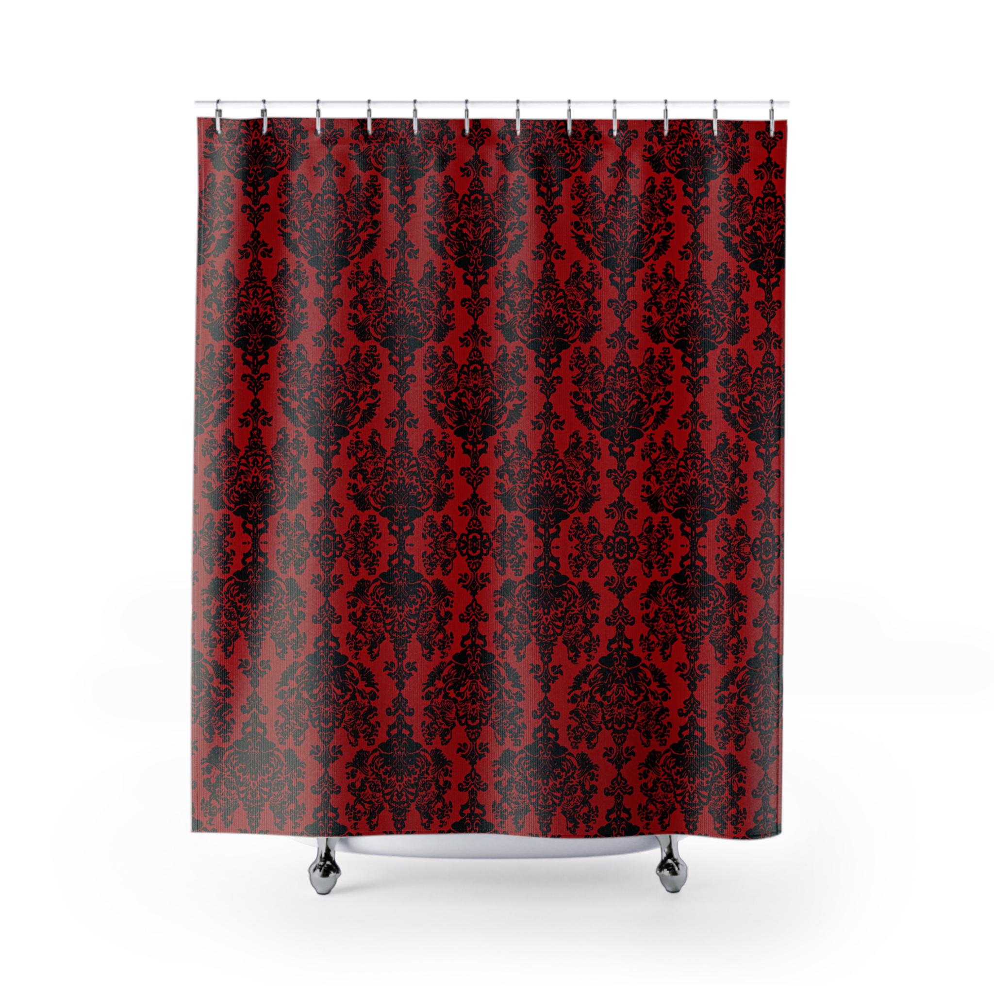 Elegant Gothic Damask Shower Curtain: Black & Crimson Vampire-Inspired Bath Decor for Romantic Ambiance