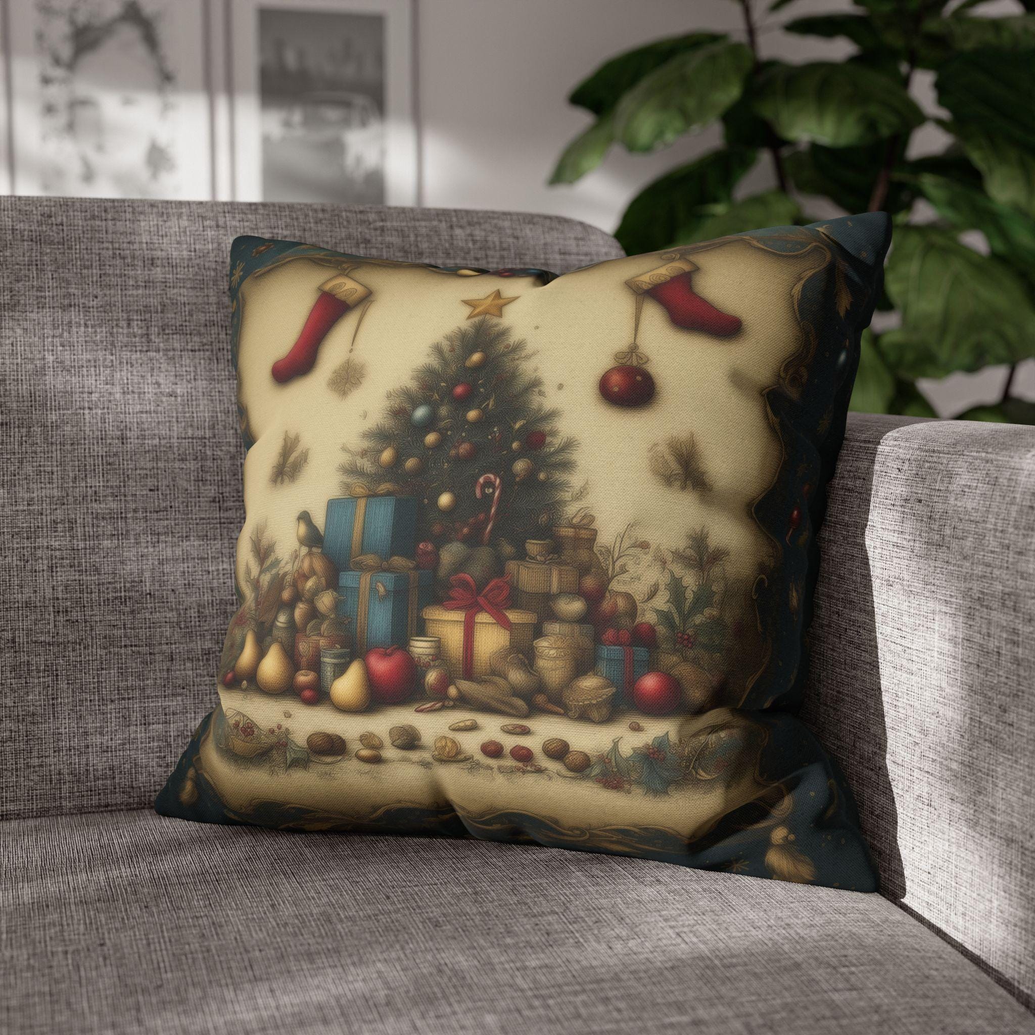 Vintage Style Christmas Nostalgia Pillow Cover: Holiday Tree with Gifts & Stockings