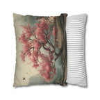 Chinoiserie Watercolor Pillow Cover: Pink Blossom Tree with Misty Temple Landscape Scene