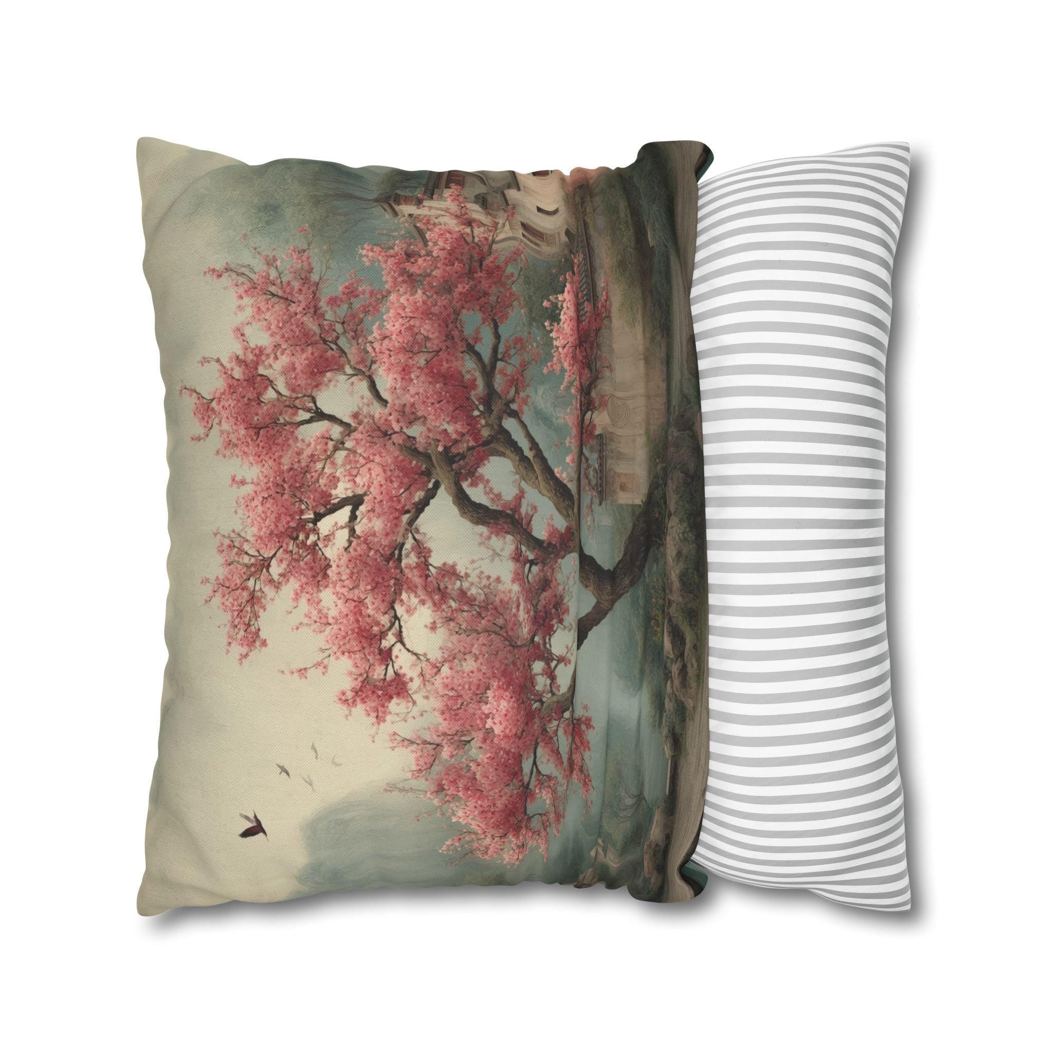 Chinoiserie Watercolor Pillow Cover: Pink Blossom Tree with Misty Temple Landscape Scene