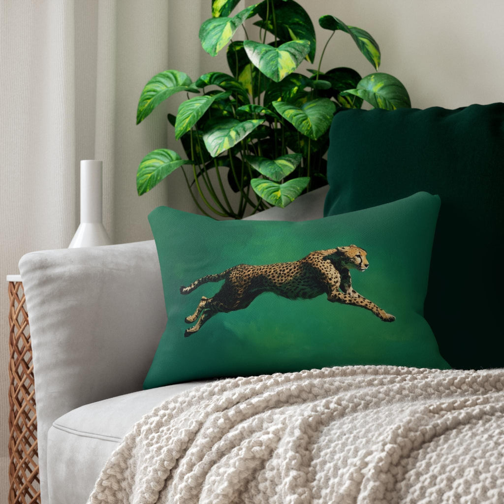 Emerald Sprint Lumbar Pillow: Leaping Cheetah on Jewel-Tone Green