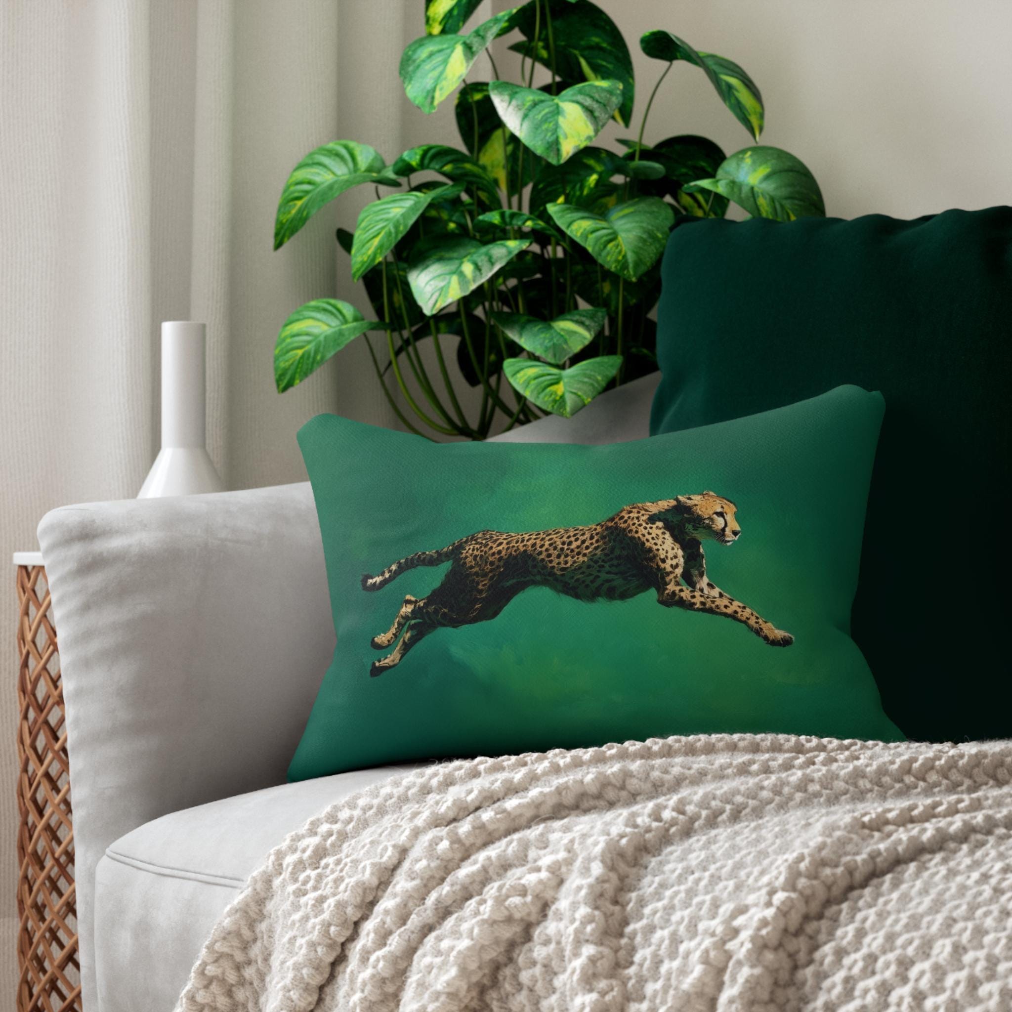 Emerald Sprint Lumbar Pillow: Leaping Cheetah on Jewel-Tone Green