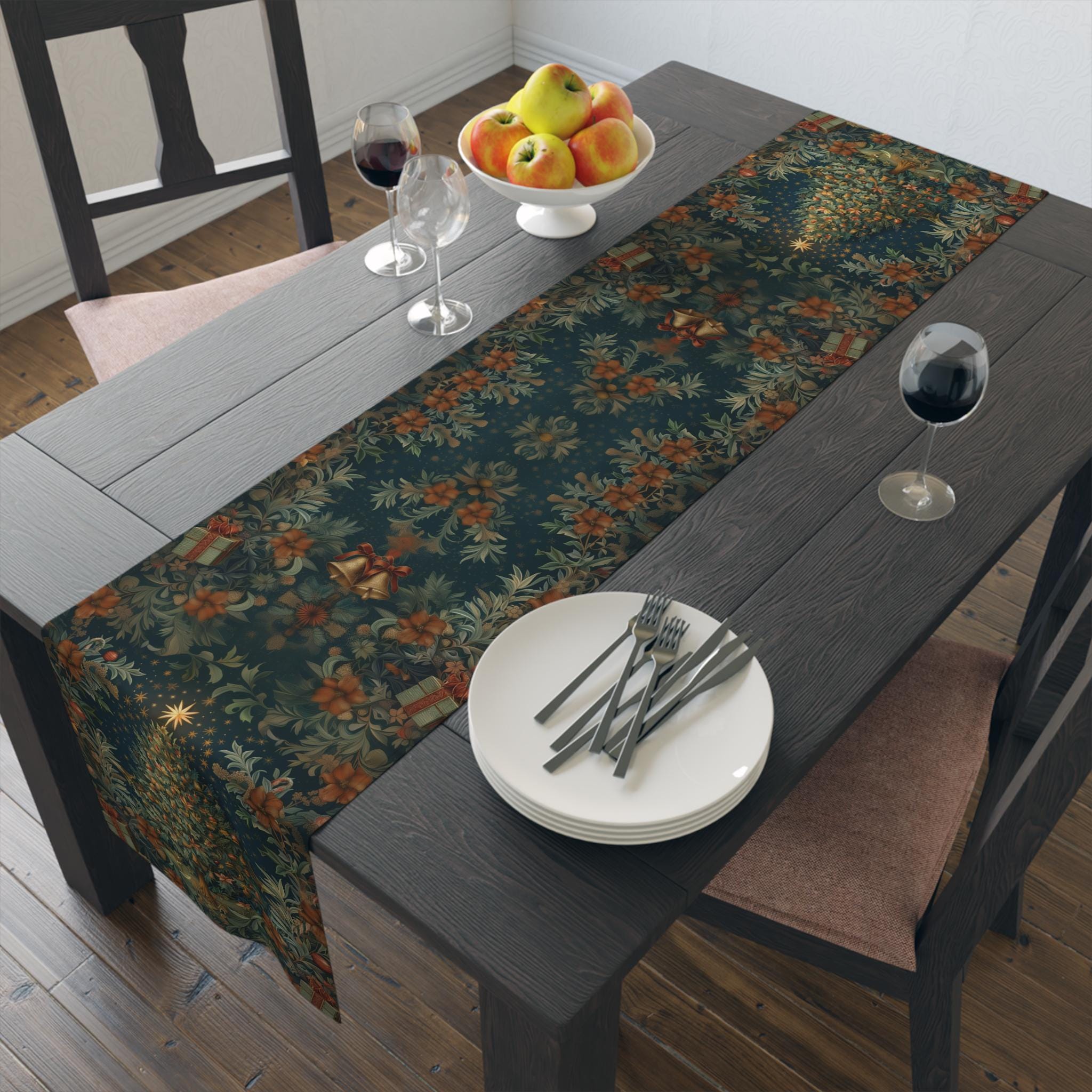 William Morris Christmas Table Runner: Victorian Floral, Deep Green & Red