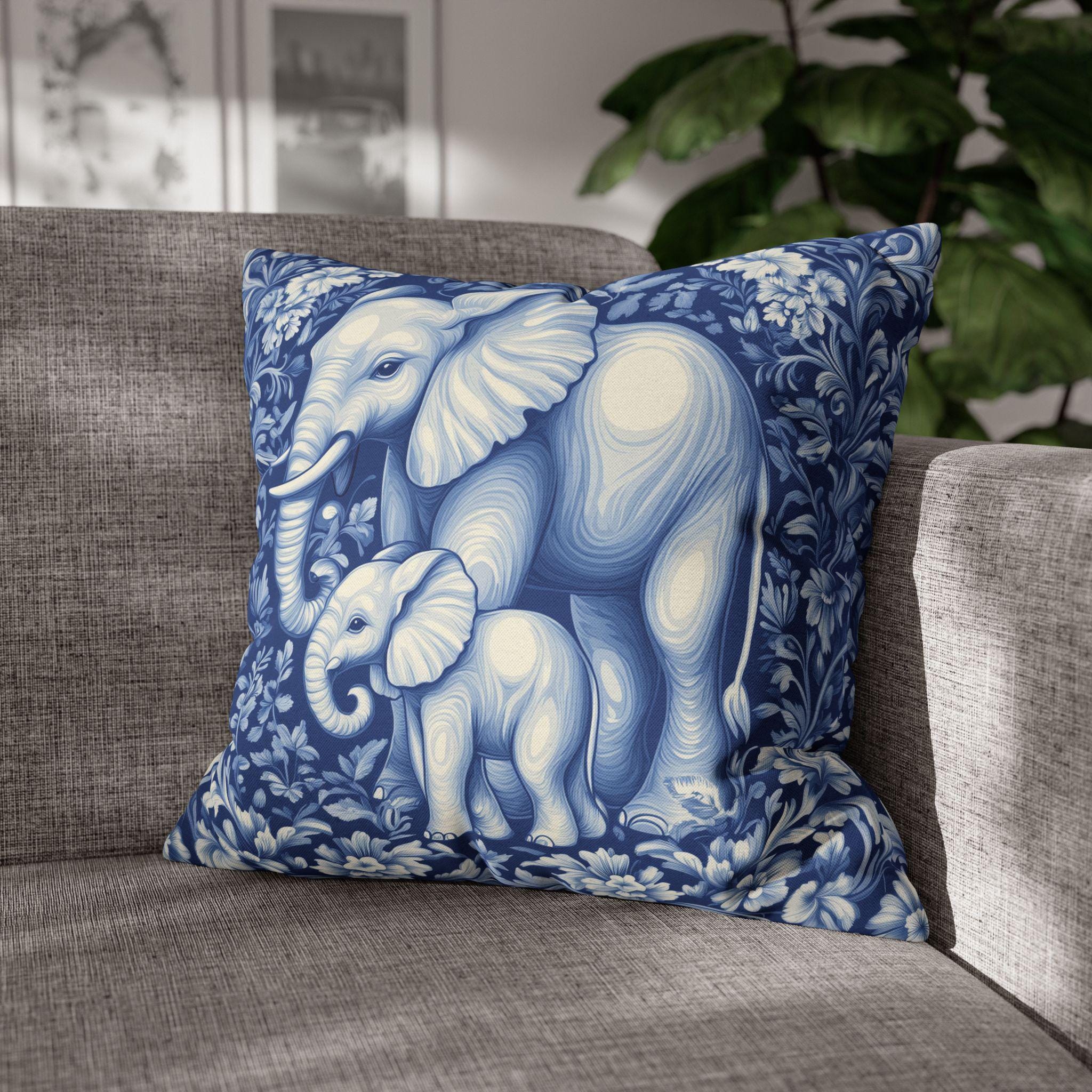 William Morris Inspired Elephant Pillow Cover: Blue & White Botanical Tapestry Cushion Case