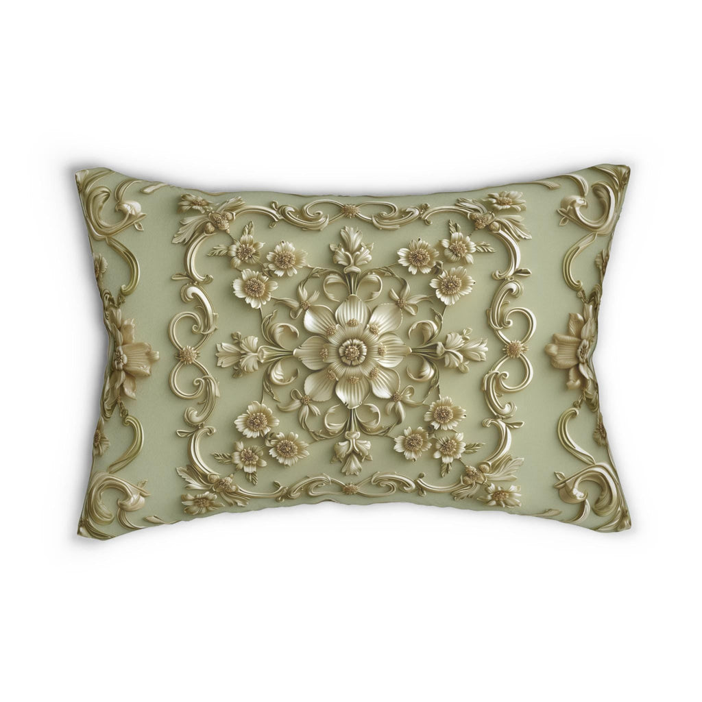 Sage Green French Floral Lumbar Pillow: Elegant Gold Blooms for Luxurious Living Room Decor